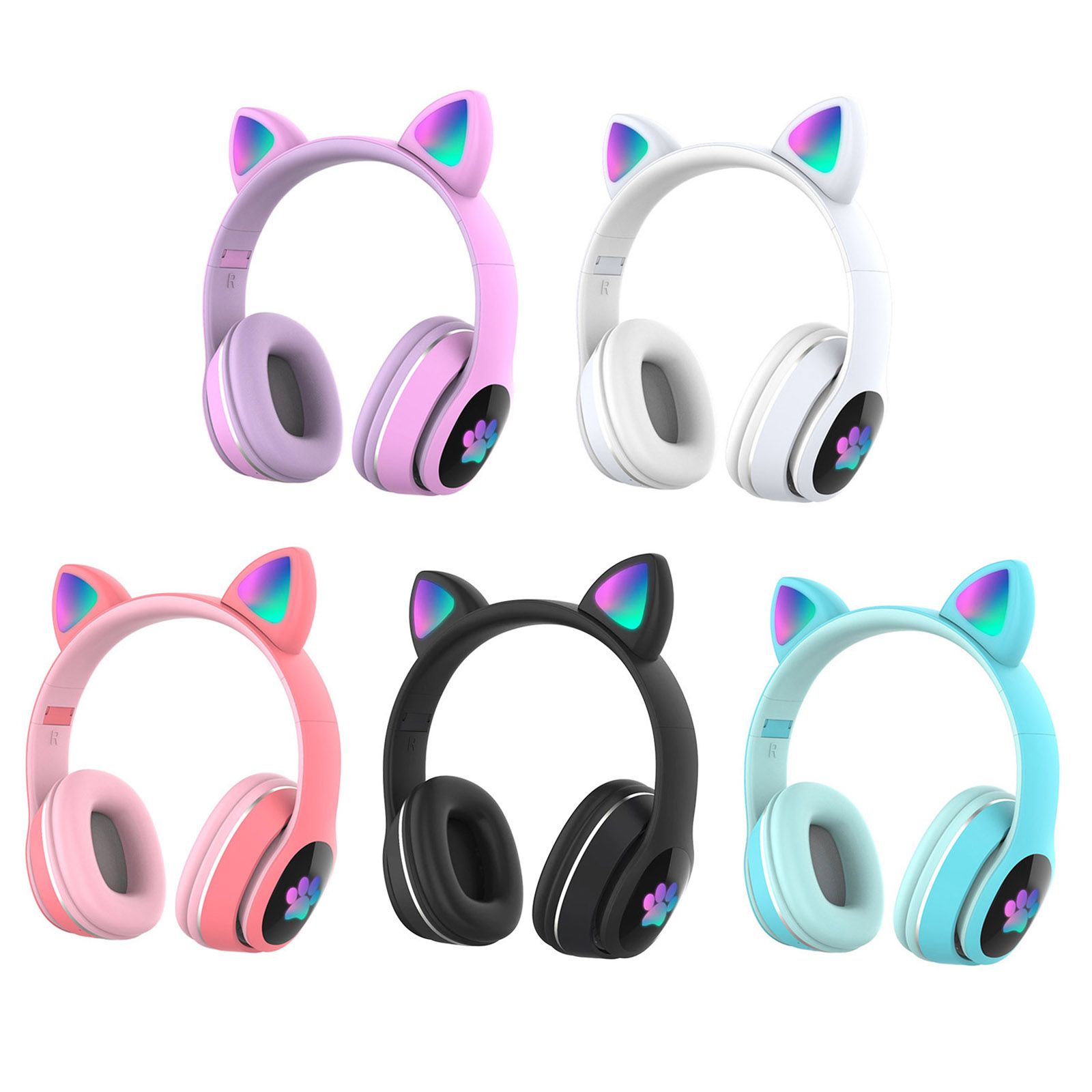 L400 Over Ear Music Headset Glowing Cat Ear Headphones 7 Color Breathing Lights Foldable Wireless BT5.0 Earphone with Mic AUX IN TF Card MP3 Player for PC Laptop Computer Mobile Phone