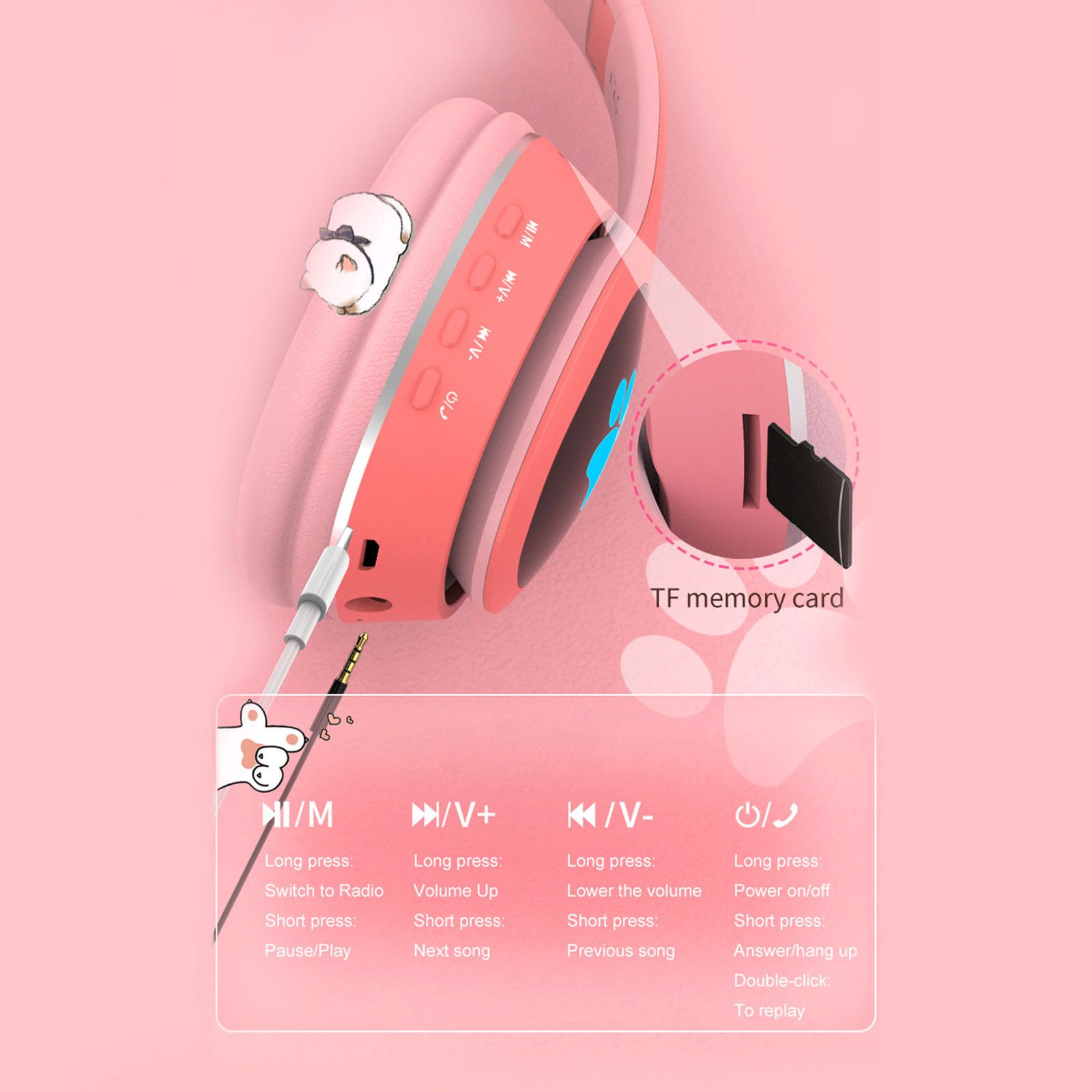 L400 Over Ear Music Headset Glowing Cat Ear Headphones 7 Color Breathing Lights Foldable Wireless BT5.0 Earphone with Mic AUX IN TF Card MP3 Player for PC Laptop Computer Mobile Phone