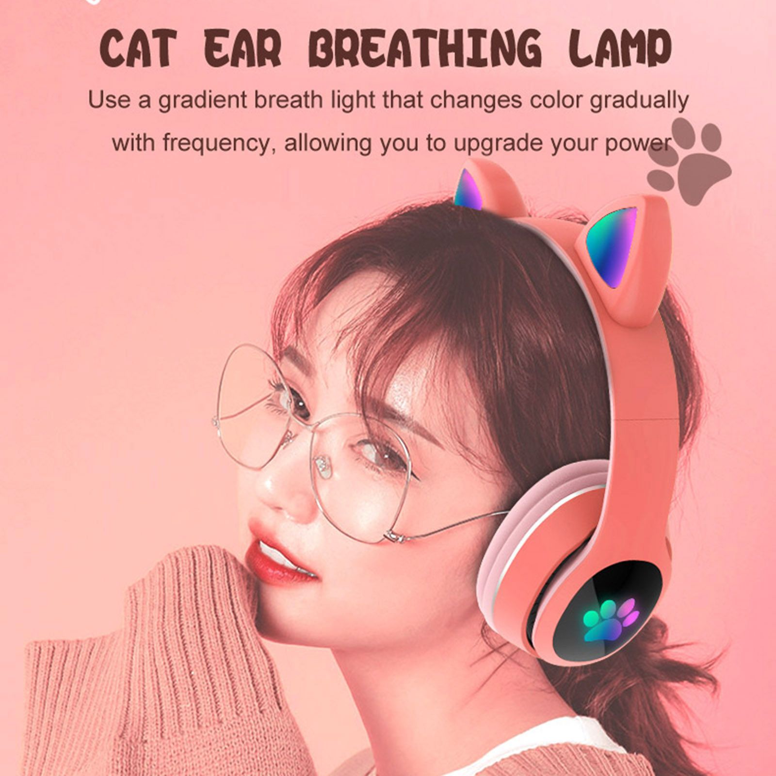 L400 Over Ear Music Headset Glowing Cat Ear Headphones 7 Color Breathing Lights Foldable Wireless BT5.0 Earphone with Mic AUX IN TF Card MP3 Player for PC Laptop Computer Mobile Phone