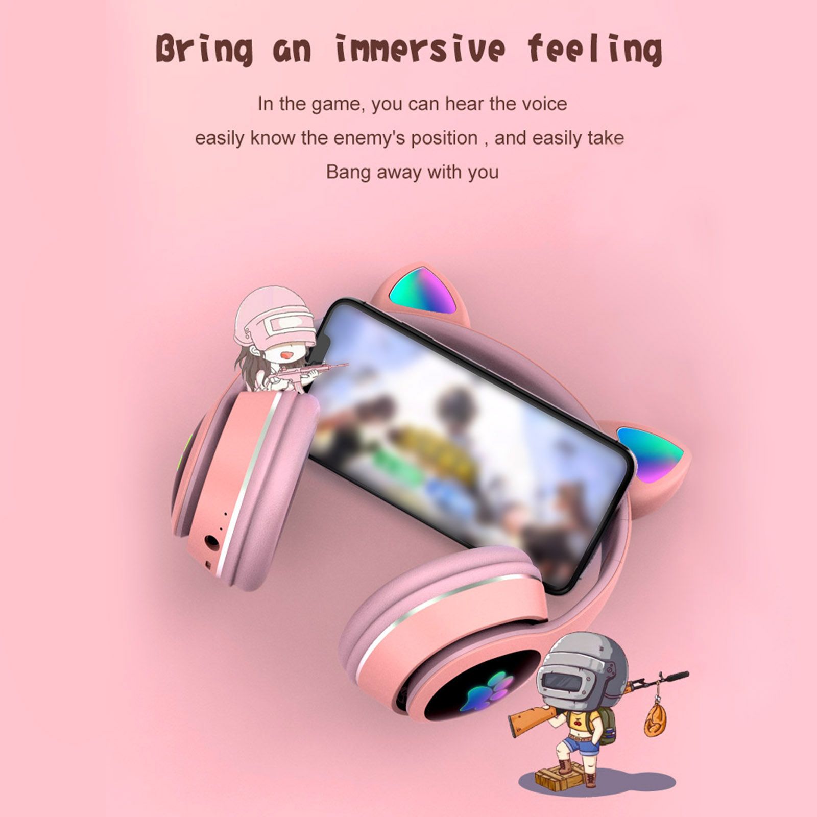 L400 Over Ear Music Headset Glowing Cat Ear Headphones 7 Color Breathing Lights Foldable Wireless BT5.0 Earphone with Mic AUX IN TF Card MP3 Player for PC Laptop Computer Mobile Phone