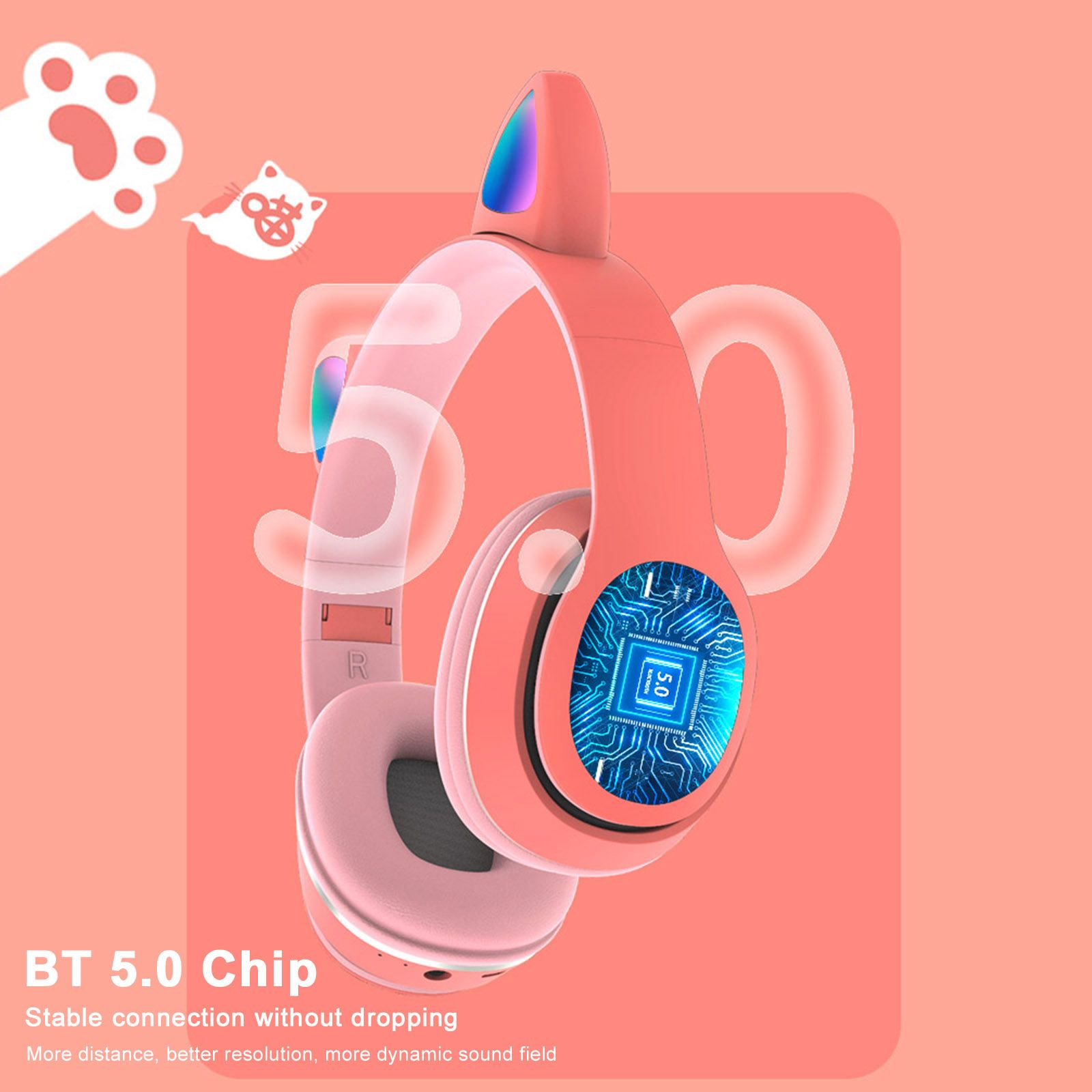 L400 Over Ear Music Headset Glowing Cat Ear Headphones 7 Color Breathing Lights Foldable Wireless BT5.0 Earphone with Mic AUX IN TF Card MP3 Player for PC Laptop Computer Mobile Phone