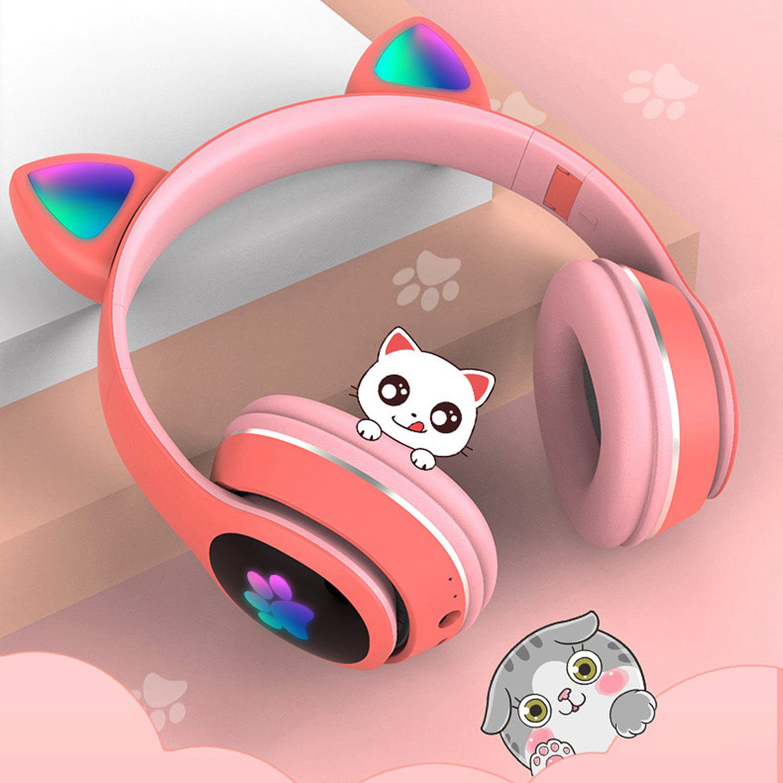 L400 Over Ear Music Headset Glowing Cat Ear Headphones 7 Color Breathing Lights Foldable Wireless BT5.0 Earphone with Mic AUX IN TF Card MP3 Player for PC Laptop Computer Mobile Phone