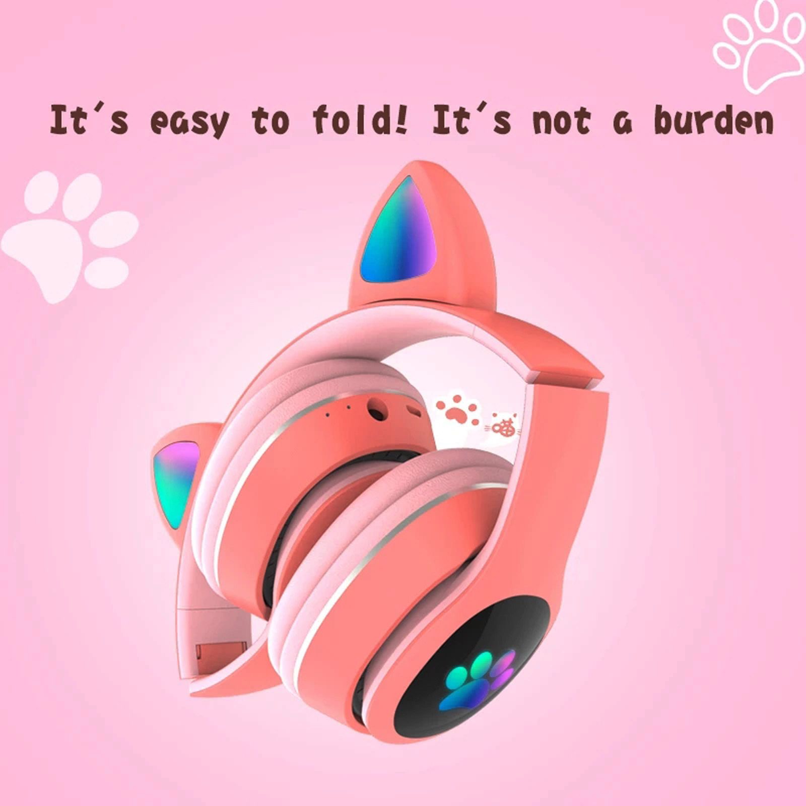 L400 Over Ear Music Headset Glowing Cat Ear Headphones 7 Color Breathing Lights Foldable Wireless BT5.0 Earphone with Mic AUX IN TF Card MP3 Player for PC Laptop Computer Mobile Phone