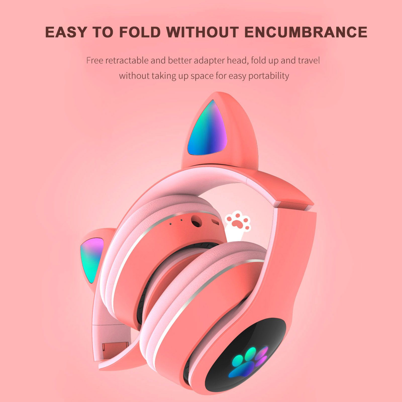 L400 Over Ear Music Headset Glowing Cat Ear Headphones 7 Color Breathing Lights Foldable Wireless BT5.0 Earphone with Mic AUX IN TF Card MP3 Player for PC Laptop Computer Mobile Phone