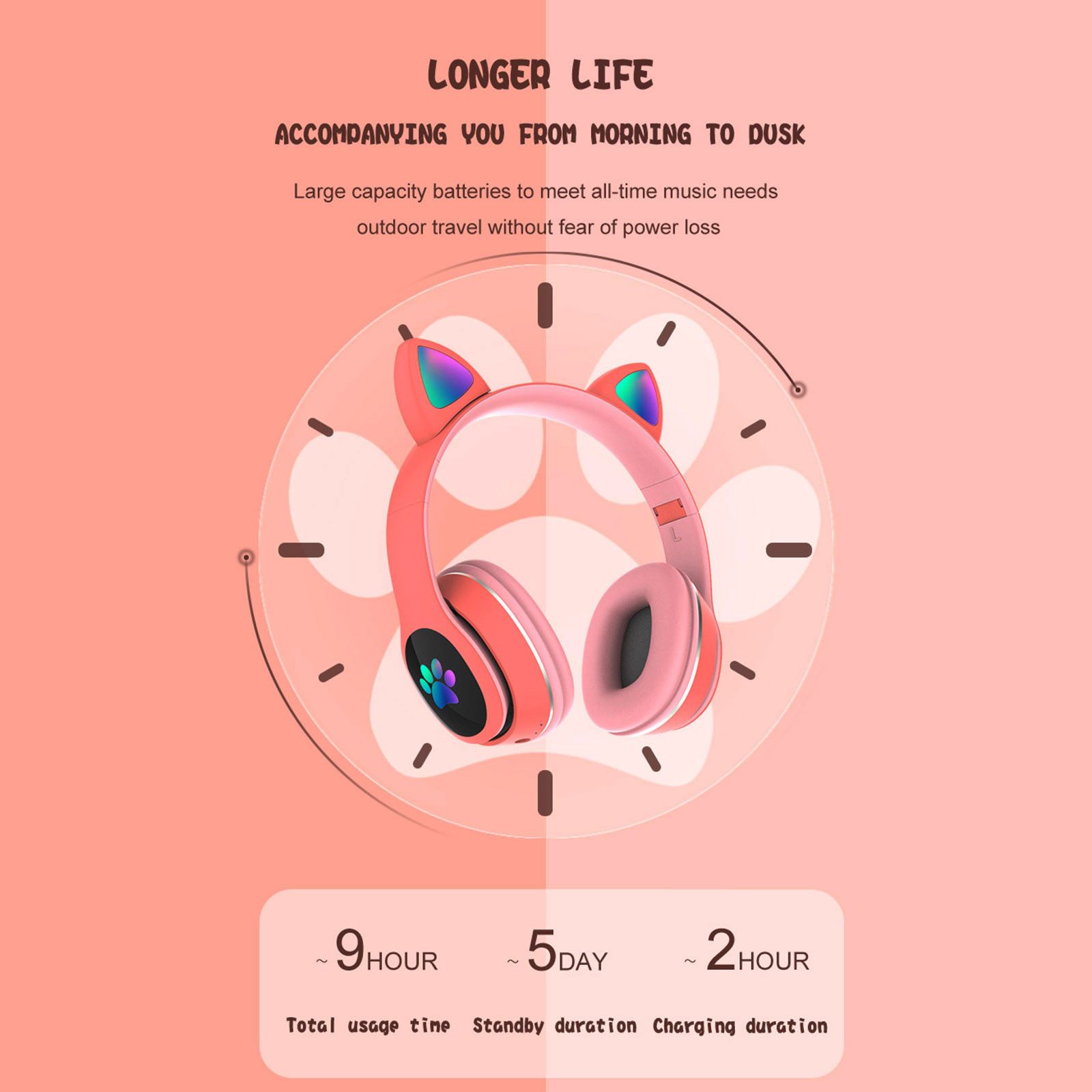 L400 Over Ear Music Headset Glowing Cat Ear Headphones 7 Color Breathing Lights Foldable Wireless BT5.0 Earphone with Mic AUX IN TF Card MP3 Player for PC Laptop Computer Mobile Phone