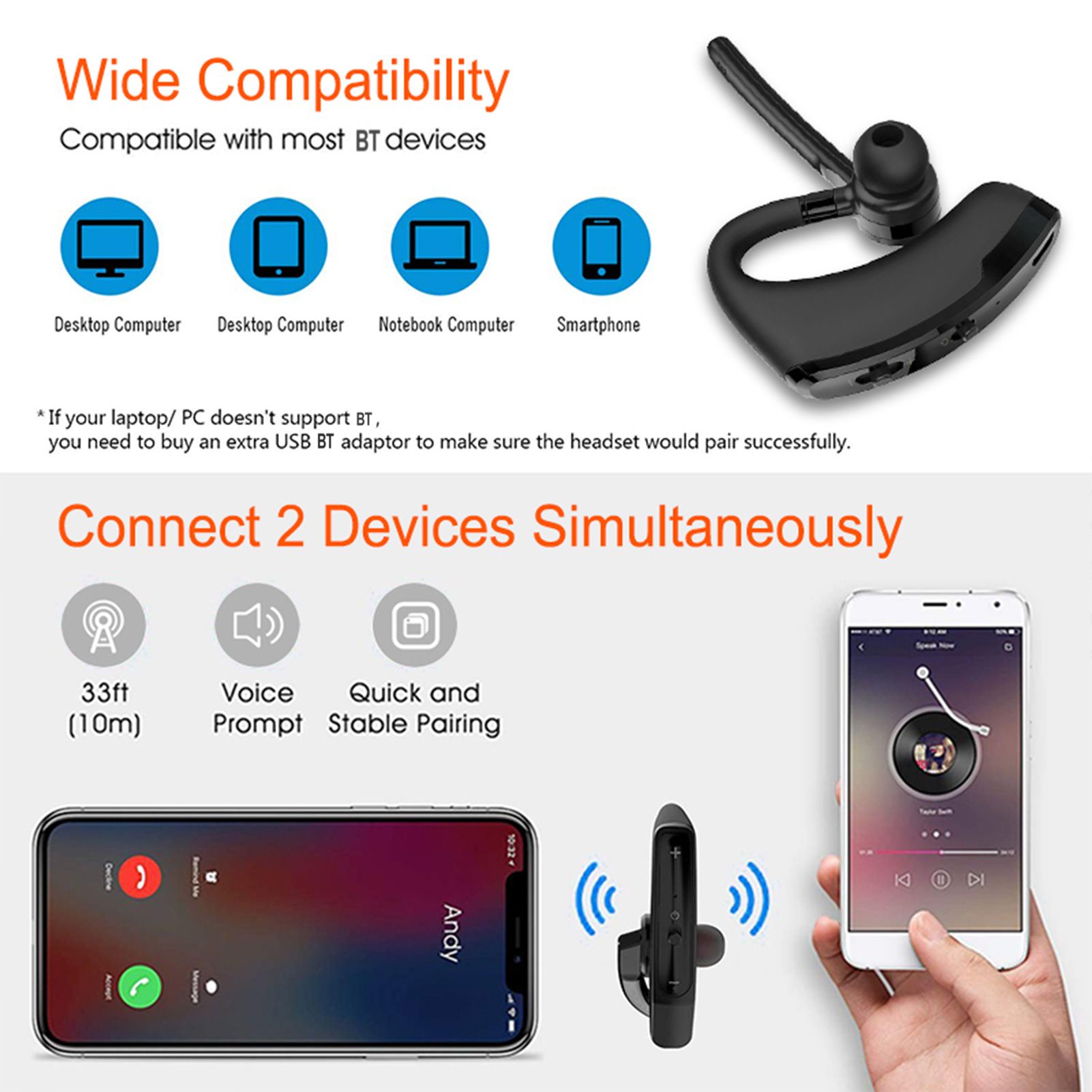 V8 Single Ear BT4.1 Headset 270 Degrees Rotation Handsfree Calls Number Broadcast Long-lasting Battery Life