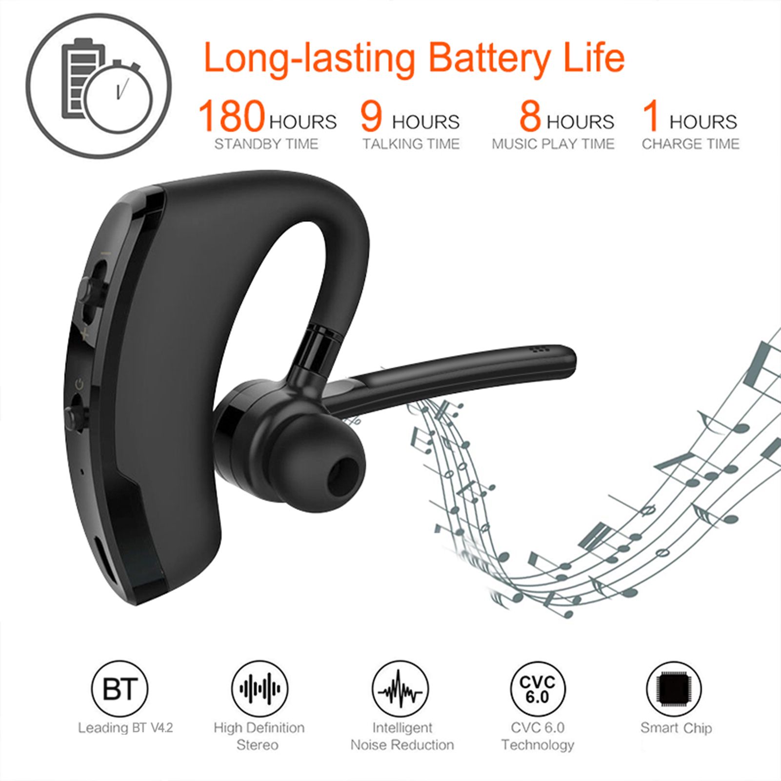 V8 Single Ear BT4.1 Headset 270 Degrees Rotation Handsfree Calls Number Broadcast Long-lasting Battery Life
