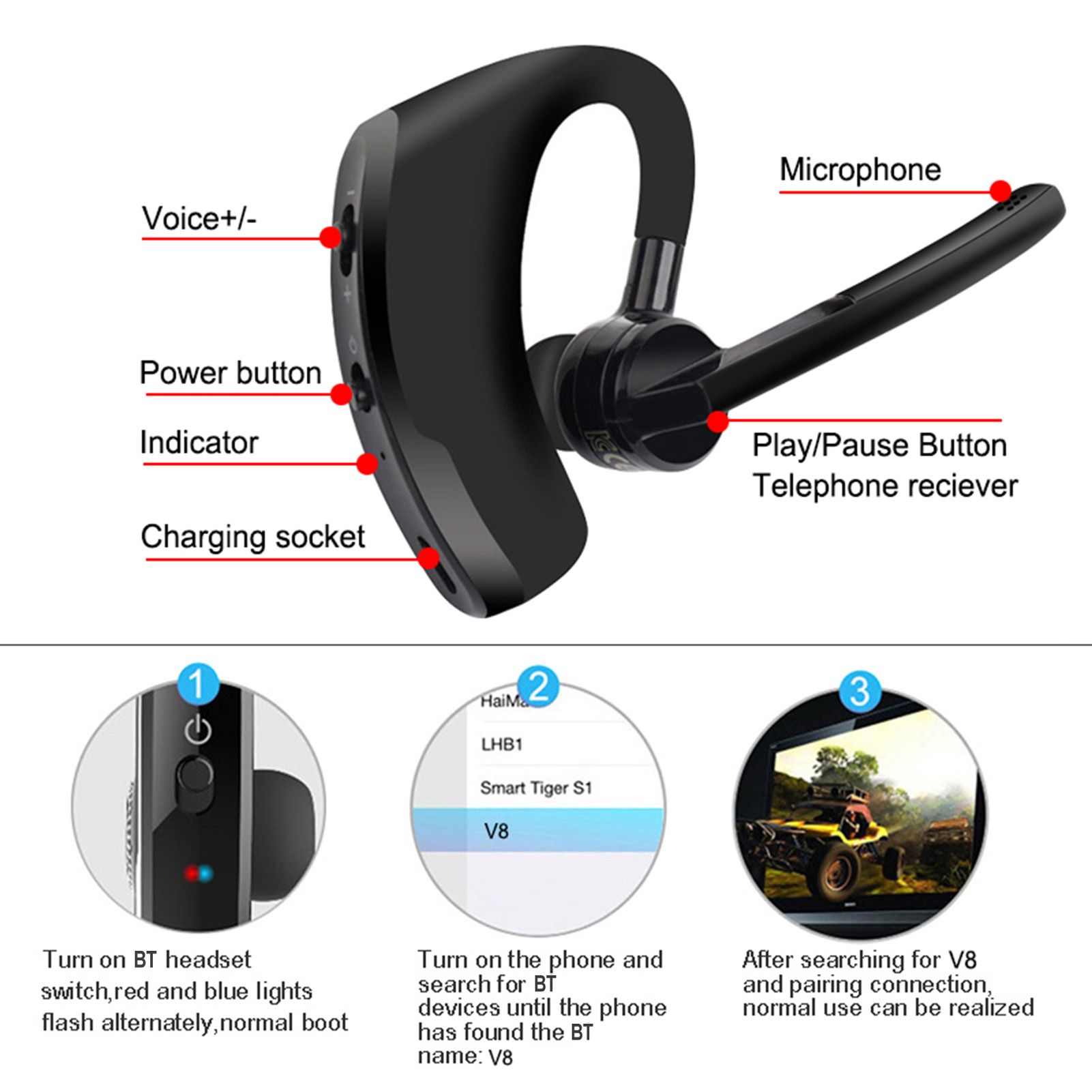 V8 Single Ear BT4.1 Headset 270 Degrees Rotation Handsfree Calls Number Broadcast Long-lasting Battery Life