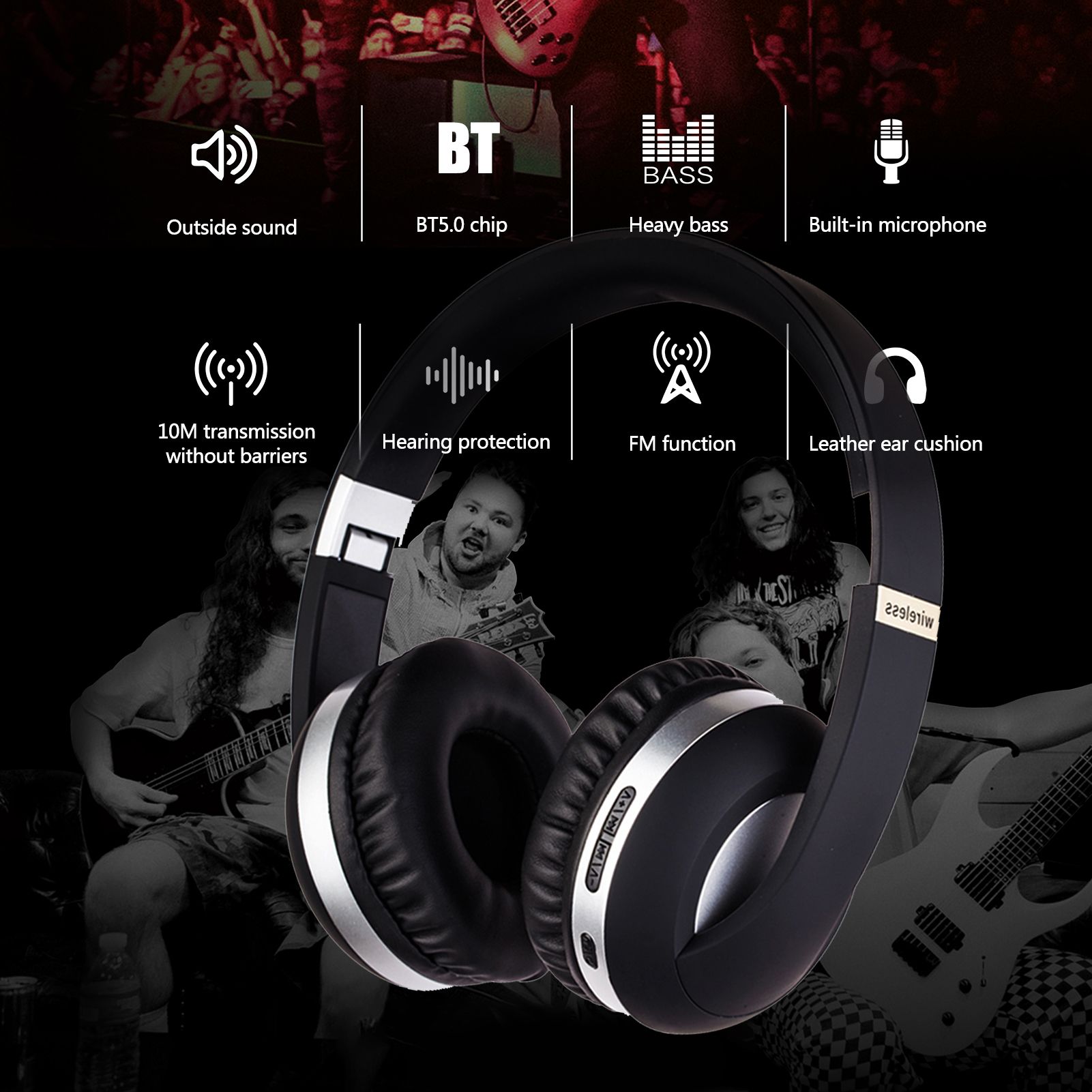 MH4 Head-mounted BT5.0 Wireless Headset with Microphone HiFi Stereo Sound Button Operation FM Function