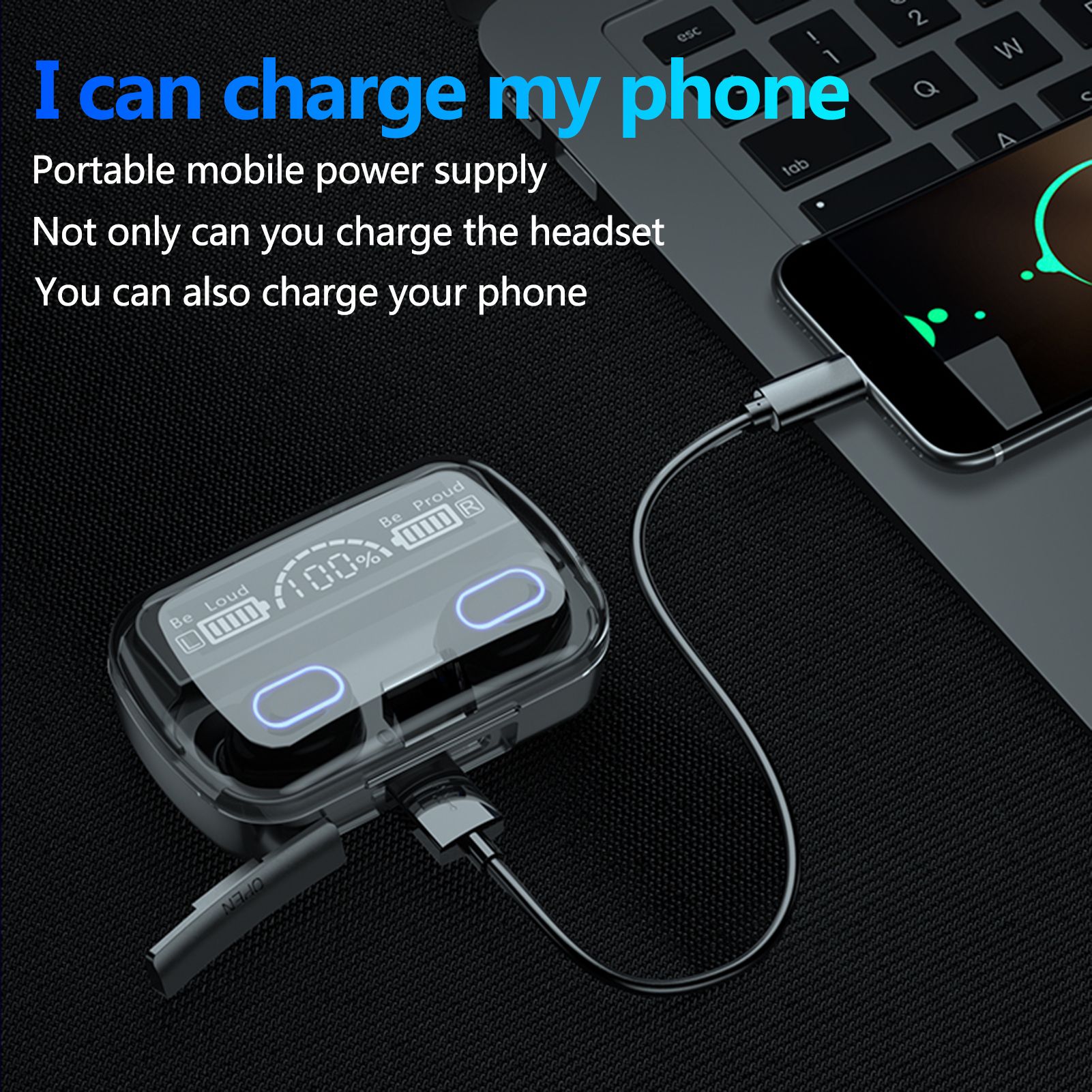 M1 BT5.1 Earphones Auto Pairing HiFi Sound Noise Reduction Clear Calls IPX7 Waterproof Three-screen Digital Display Power Bank