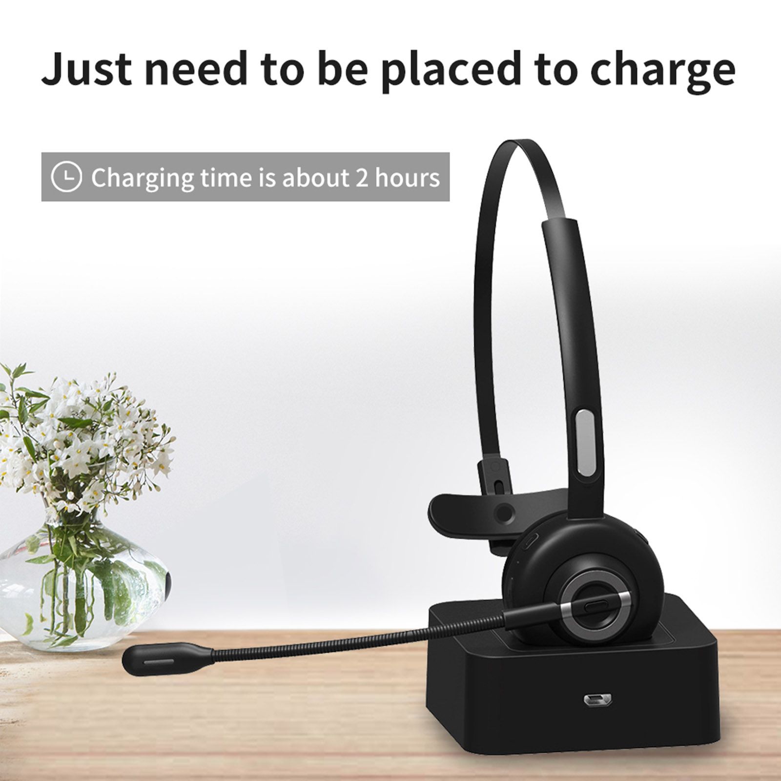 BH-M97 On Ear Headset Bluetooth 5.0 Wireless Headphones Call Center Earphone with Noise Cancelling Microphone Adjustable Headband Volume Control with Charging Dock