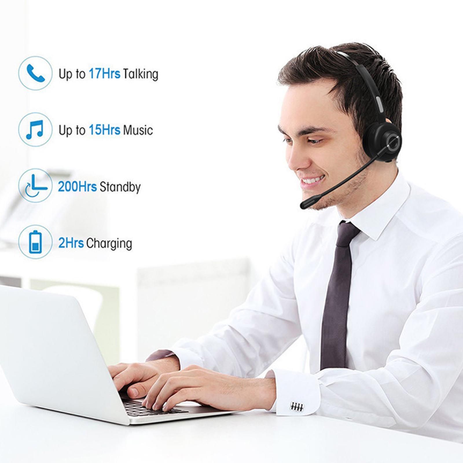 BH-M97 On Ear Headset Bluetooth 5.0 Wireless Headphones Call Center Earphone with Noise Cancelling Microphone Adjustable Headband Volume Control with Charging Dock