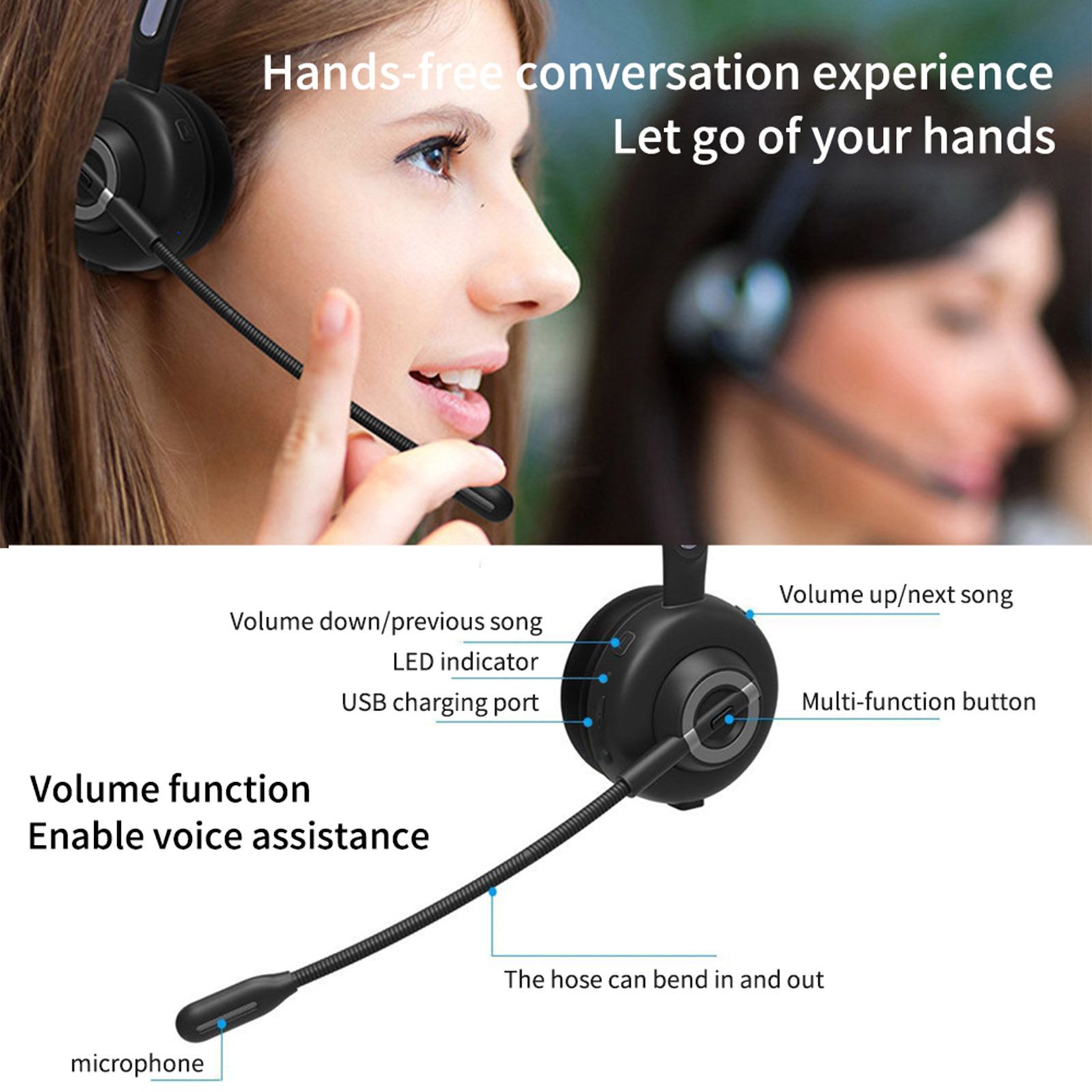 BH-M97 On Ear Headset Bluetooth 5.0 Wireless Headphones Call Center Earphone with Noise Cancelling Microphone Adjustable Headband Volume Control with Charging Dock