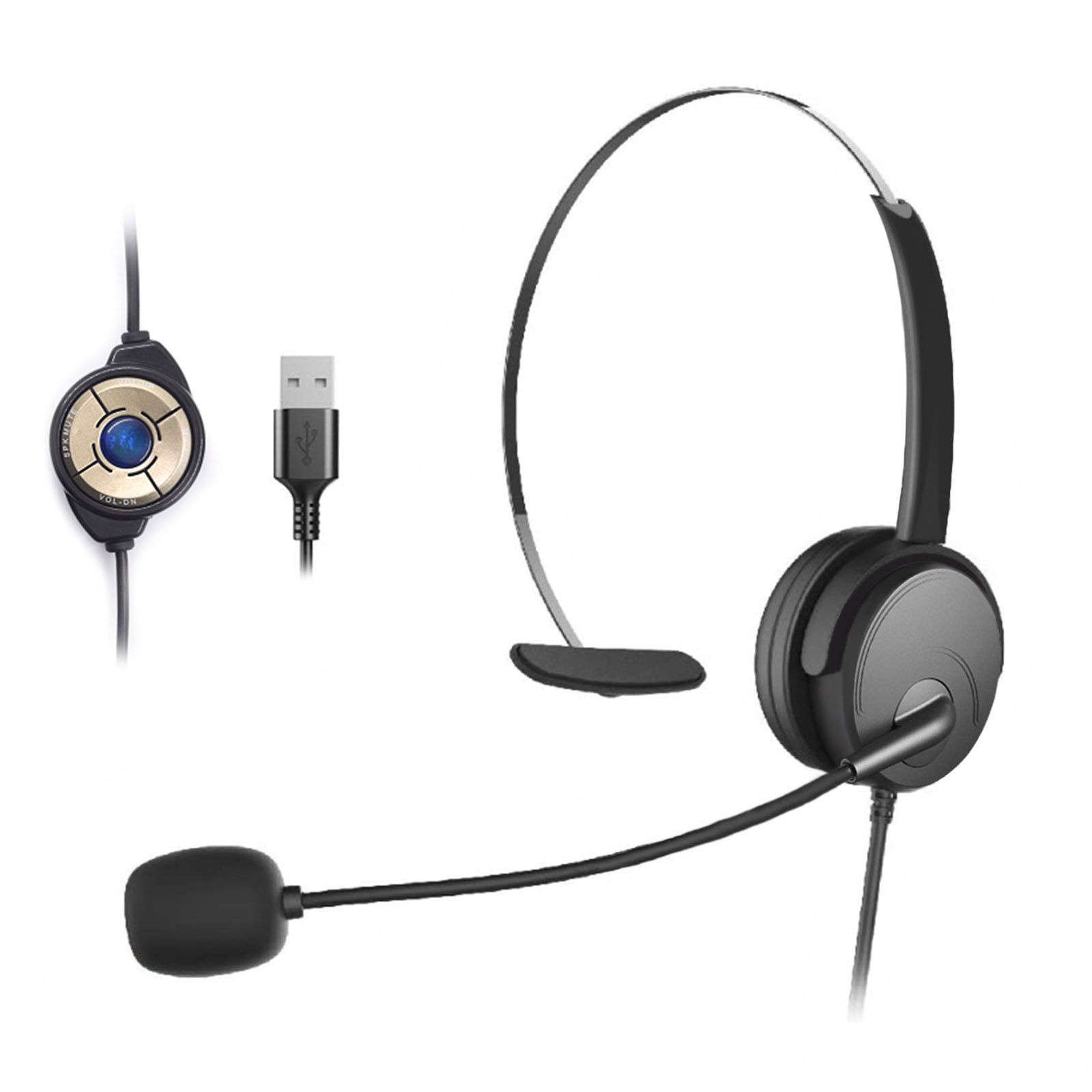 OY131 Single Ear Headset USB Headphones Head-mounted Computer Headphone for Right/Left Ear Call Center Headsets with in-Cord Volume Control