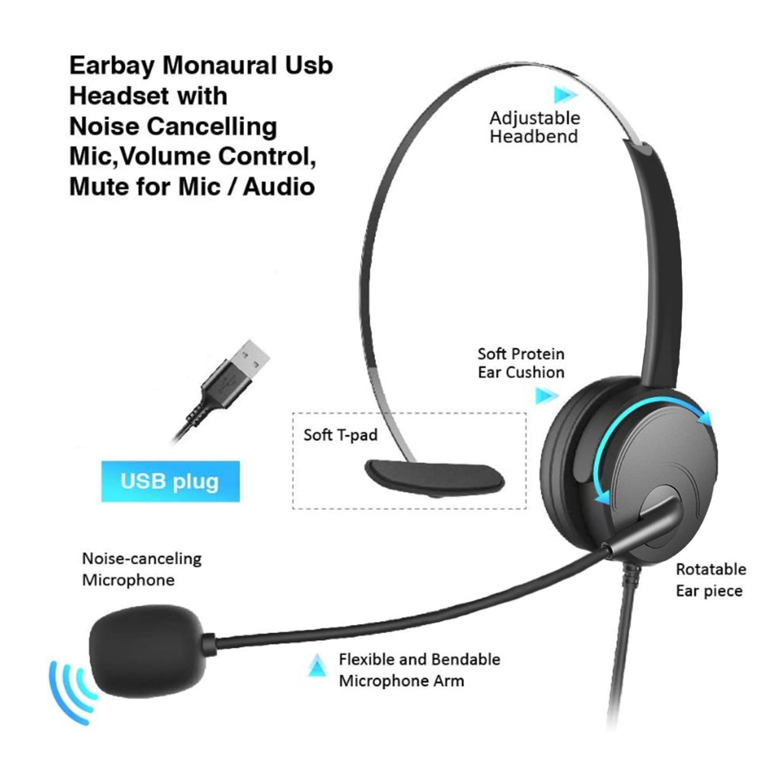 OY131 Single Ear Headset USB Headphones Head-mounted Computer Headphone for Right/Left Ear Call Center Headsets with in-Cord Volume Control