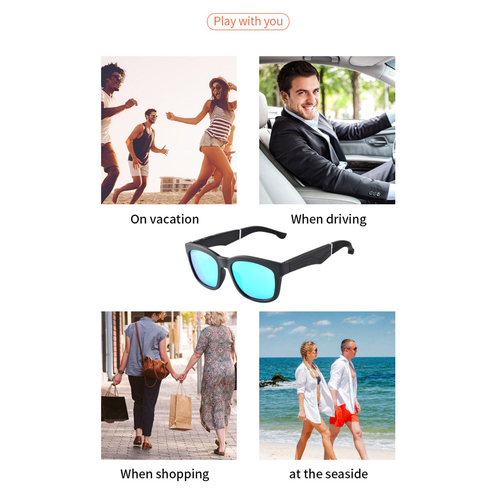 K4 Smart Bluetooth Sunglasses Wireless Bluetooth Open Ear Headset Phone Call Play Music Wireless Audio Glasses One-click Control Built-in Mic for Men Women Compatible with Smart Phones