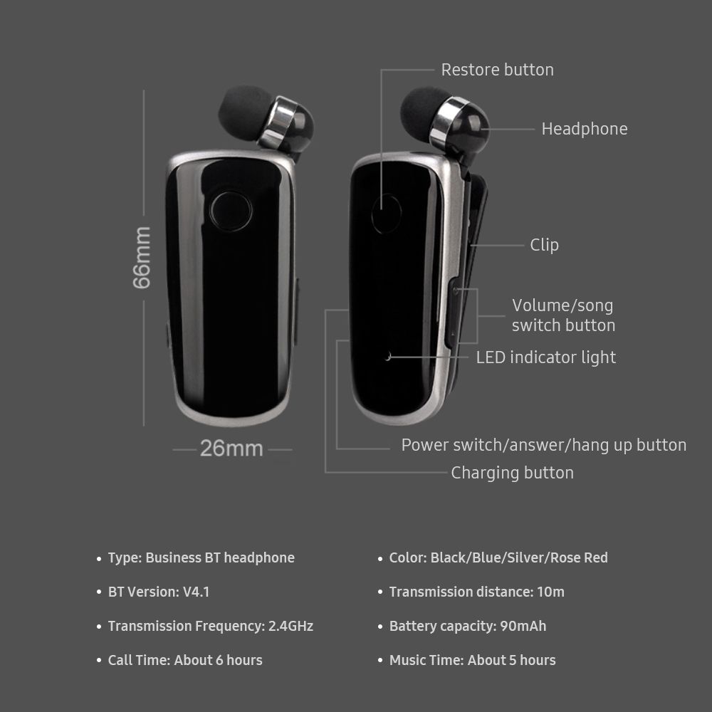 Portable Business BT Headphone Scalable Clip Type BT Noise Reduction Earphone with Incoming Call Vibration Function Blue