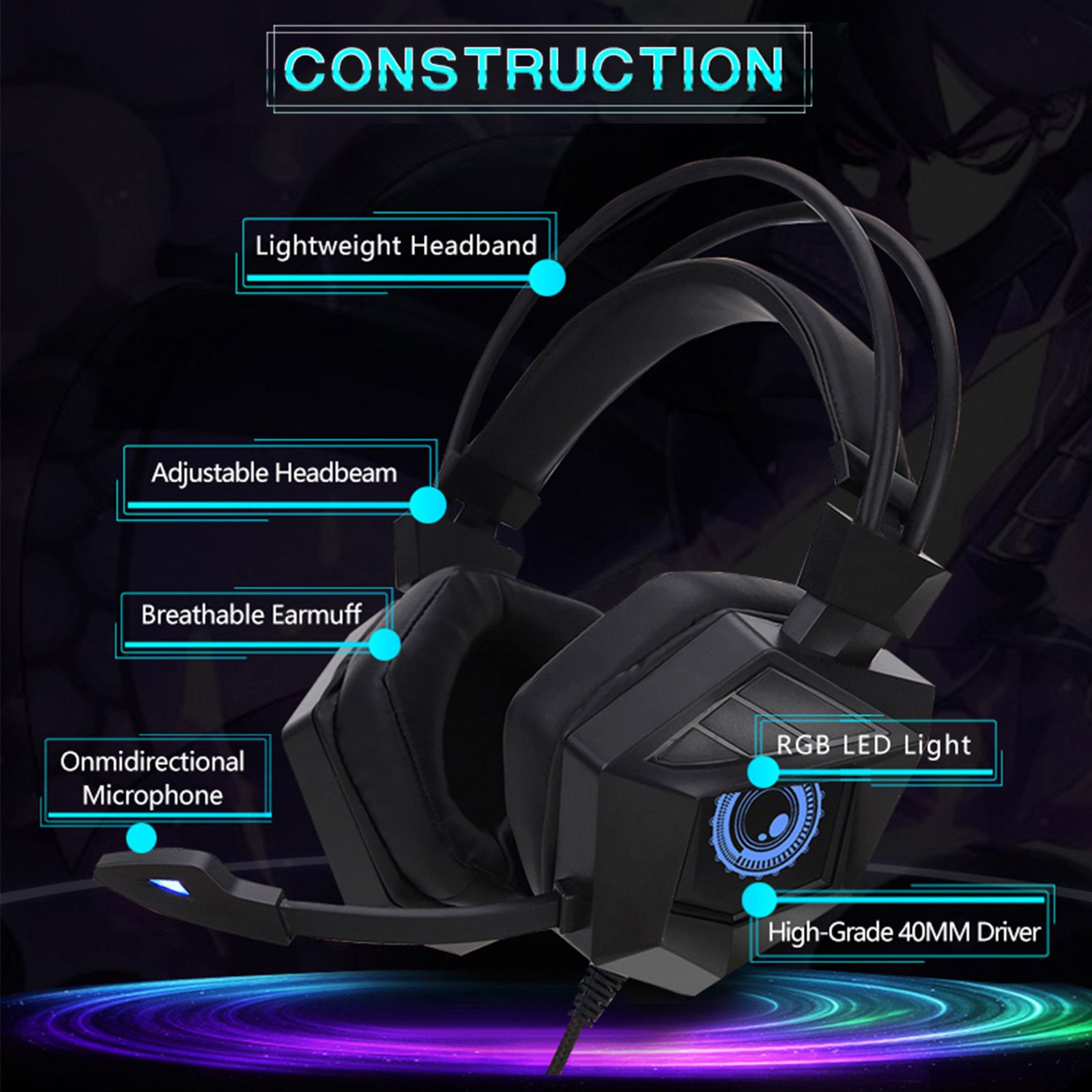 G15MV Wired Headset RGB Light On Ear Headphones with 3.5mm Audio Jack & with Mic Volume Control Over Ear Noise Cancelling Gamer Headphones Gaming Earphone for Cellphones Laptop Computer Games Tablet
