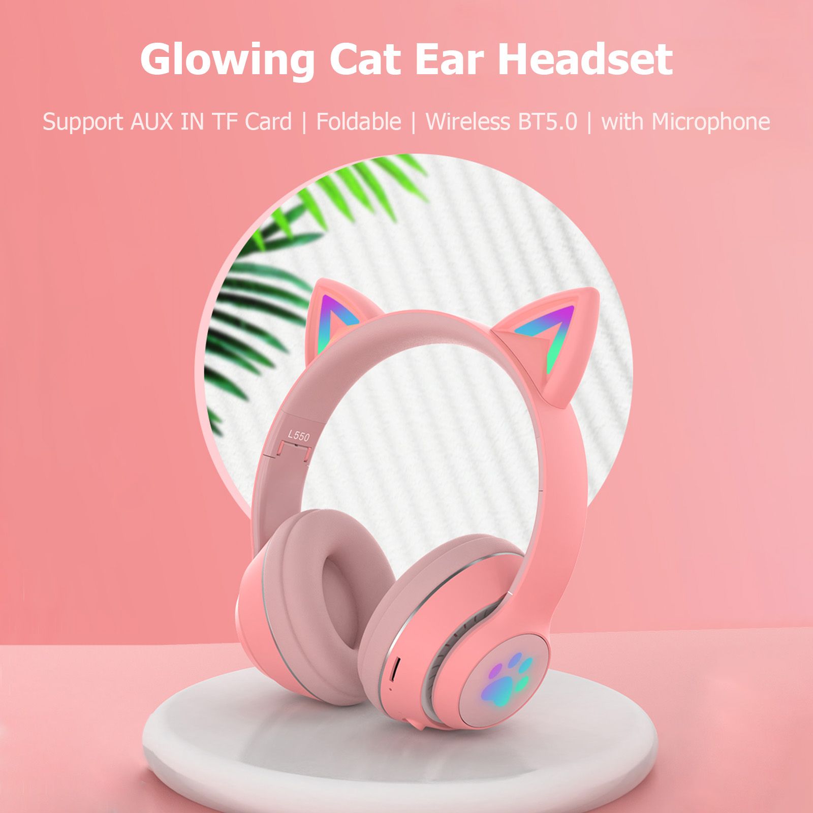 L550 Over Ear Music Headset Glowing Cat Ear Headphones 7 Color Breathing Lights Foldable Wireless BT5.0 Earphone with Mic AUX IN TF Card MP3 Player for PC Laptop Computer Mobile Phone