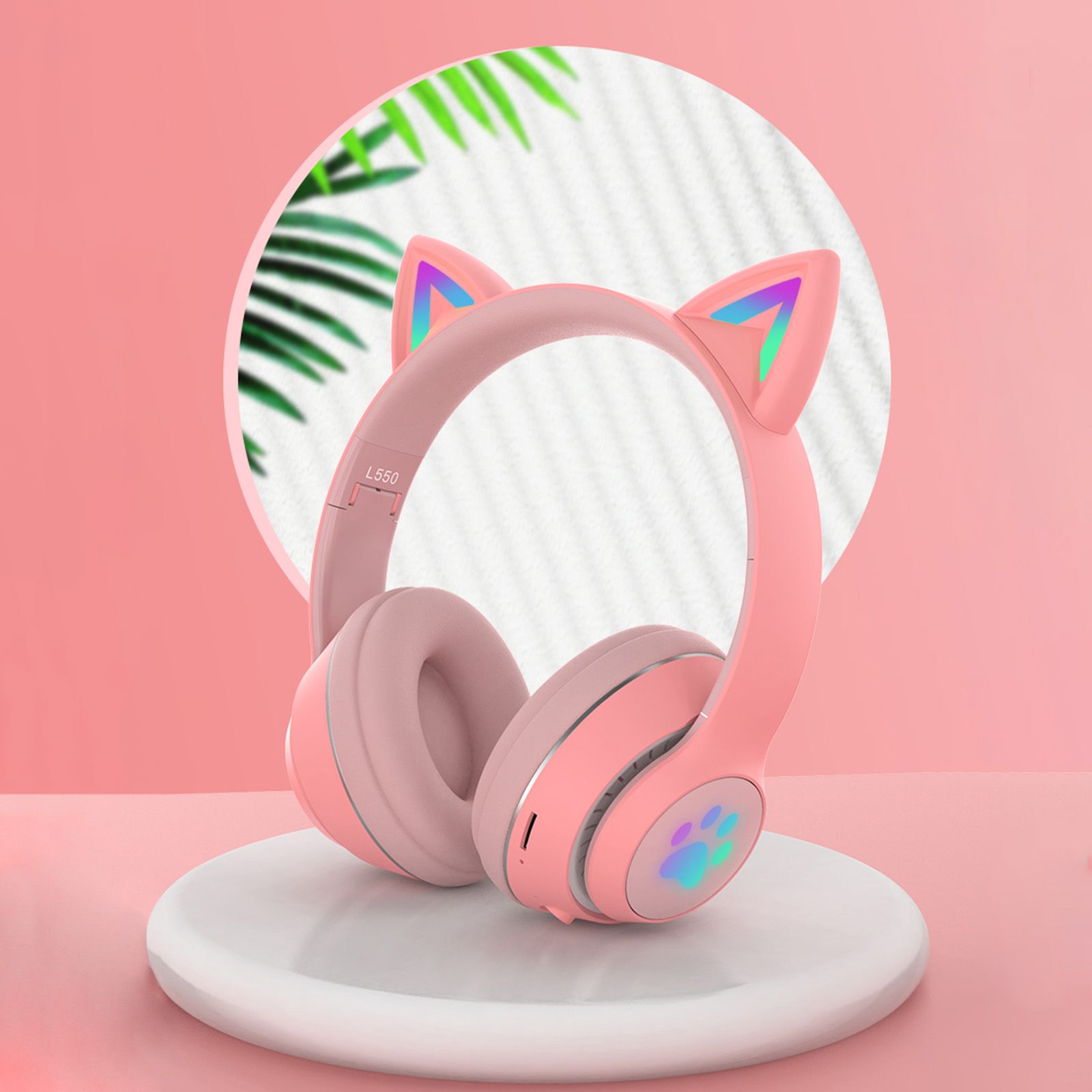L550 Over Ear Music Headset Glowing Cat Ear Headphones 7 Color Breathing Lights Foldable Wireless BT5.0 Earphone with Mic AUX IN TF Card MP3 Player for PC Laptop Computer Mobile Phone