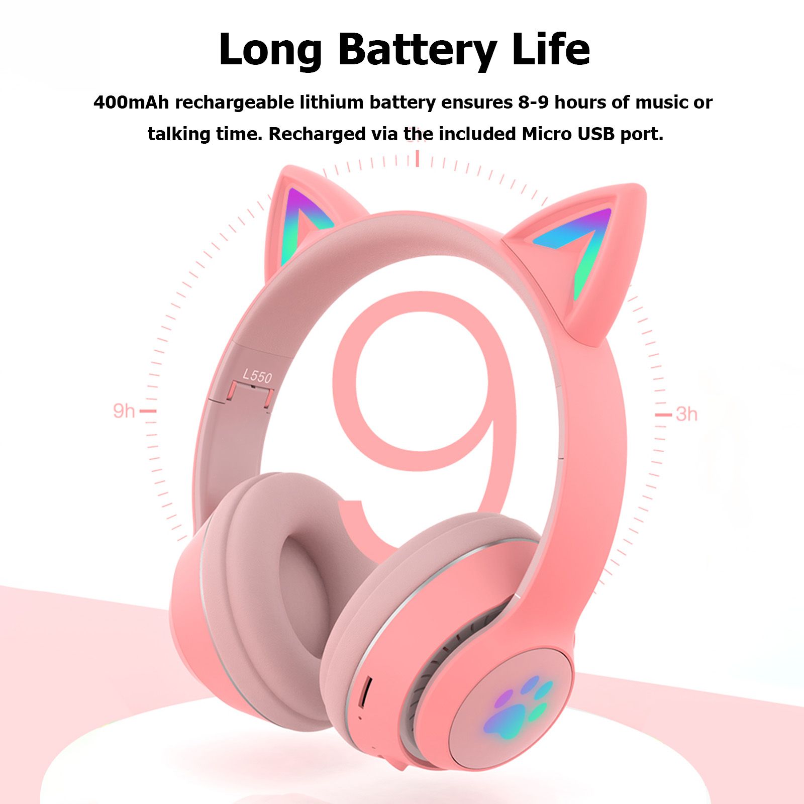 L550 Over Ear Music Headset Glowing Cat Ear Headphones 7 Color Breathing Lights Foldable Wireless BT5.0 Earphone with Mic AUX IN TF Card MP3 Player for PC Laptop Computer Mobile Phone