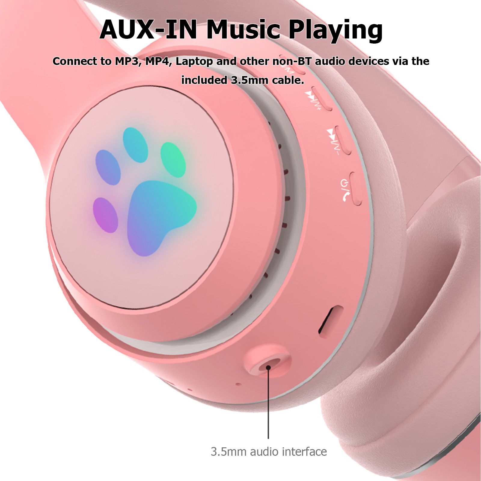 L550 Over Ear Music Headset Glowing Cat Ear Headphones 7 Color Breathing Lights Foldable Wireless BT5.0 Earphone with Mic AUX IN TF Card MP3 Player for PC Laptop Computer Mobile Phone