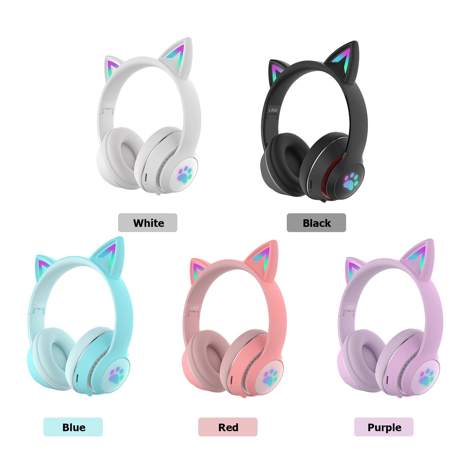 L550 Over Ear Music Headset Glowing Cat Ear Headphones 7 Color Breathing Lights Foldable Wireless BT5.0 Earphone with Mic AUX IN TF Card MP3 Player for PC Laptop Computer Mobile Phone
