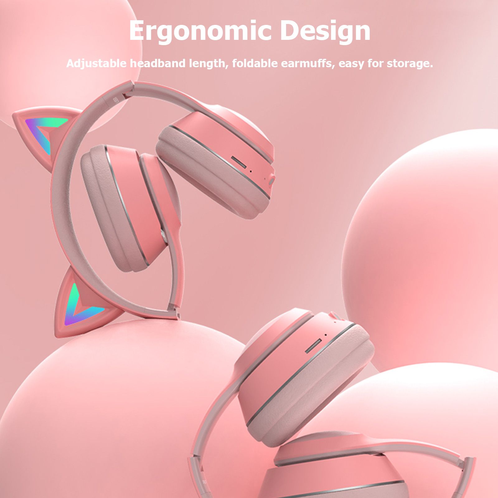 L550 Over Ear Music Headset Glowing Cat Ear Headphones 7 Color Breathing Lights Foldable Wireless BT5.0 Earphone with Mic AUX IN TF Card MP3 Player for PC Laptop Computer Mobile Phone