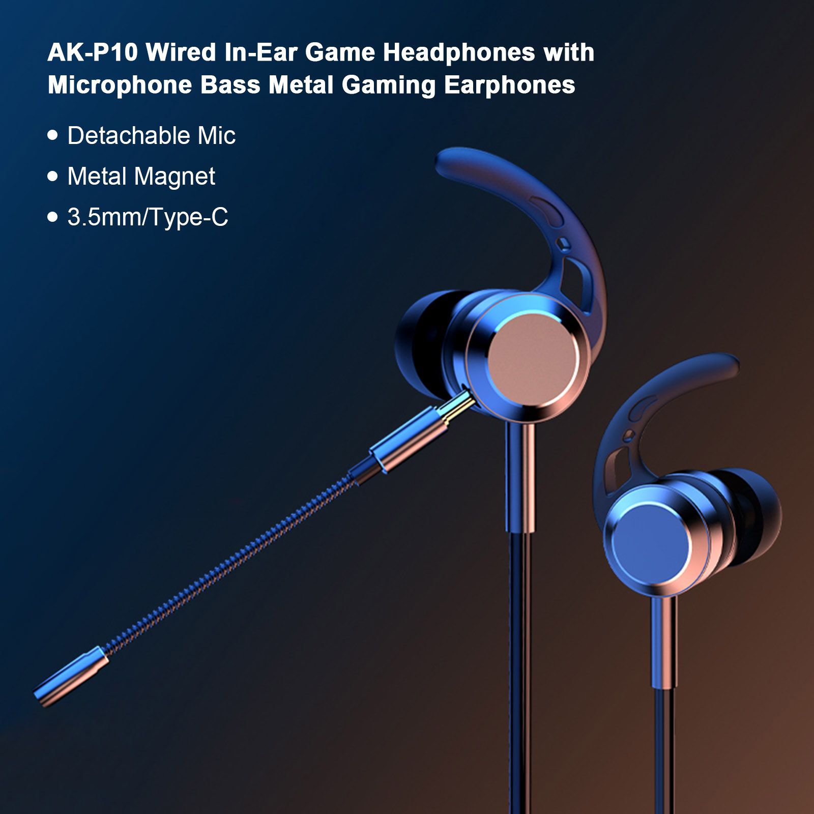 AK-P10 3.5mm In-Ear Gamer Headphones Dual Microphone Bass Metal Wired Gaming Earphones with Mic In-Ear Headset