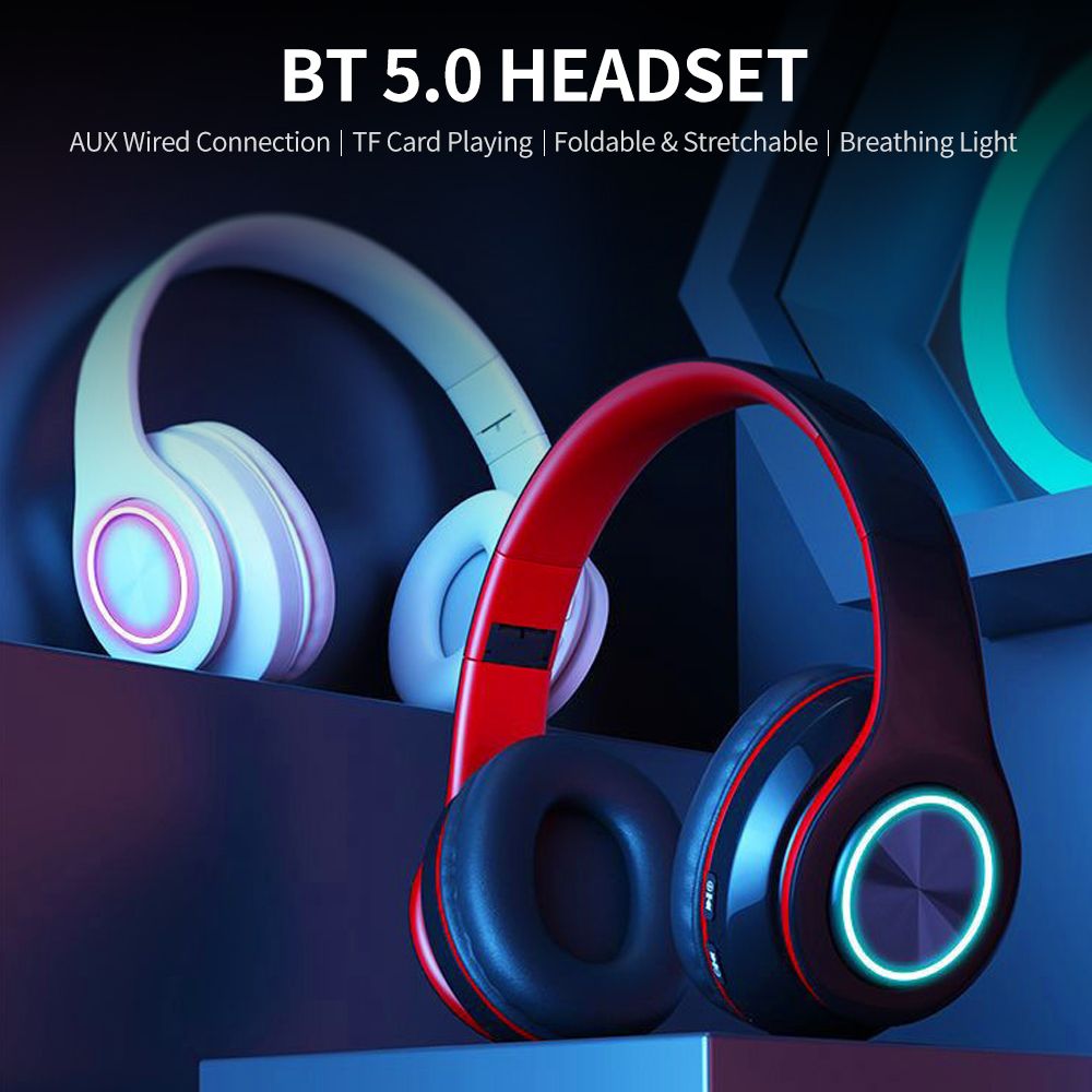 Foldable BT 5.0 Headset Wireless&Wired Headset with Breathing Light Support TF Card Playing Stretchable Headband, Black