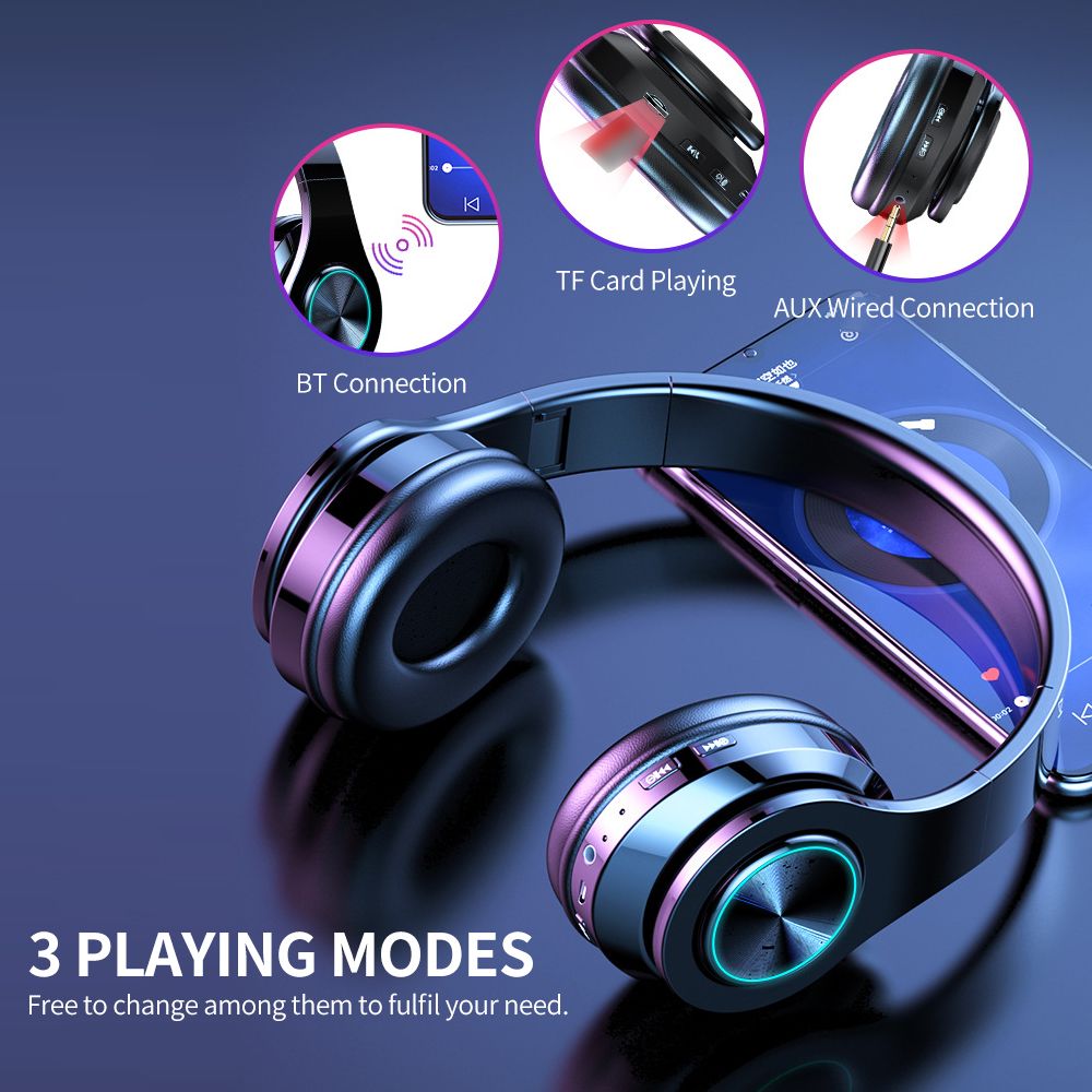 Foldable BT 5.0 Headset Wireless&Wired Headset with Breathing Light Support TF Card Playing Stretchable Headband, Black