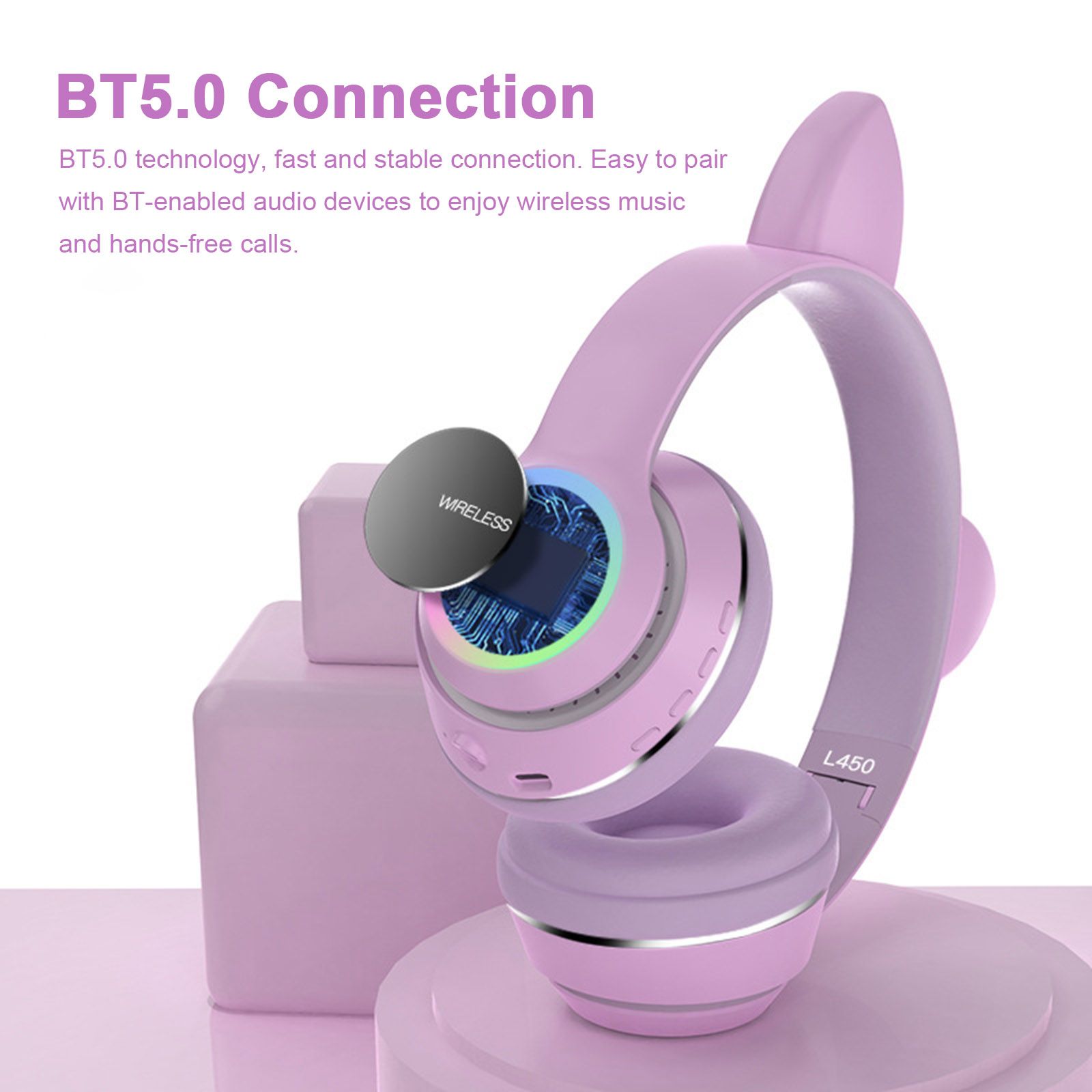 L450 Over Ear Music Headset Glowing Cat Ear Headphones 7 Color Breathing Lights Foldable Wireless BT5.0 Earphone with Mic AUX IN TF Card MP3 Player for PC Laptop Computer Mobile Phone