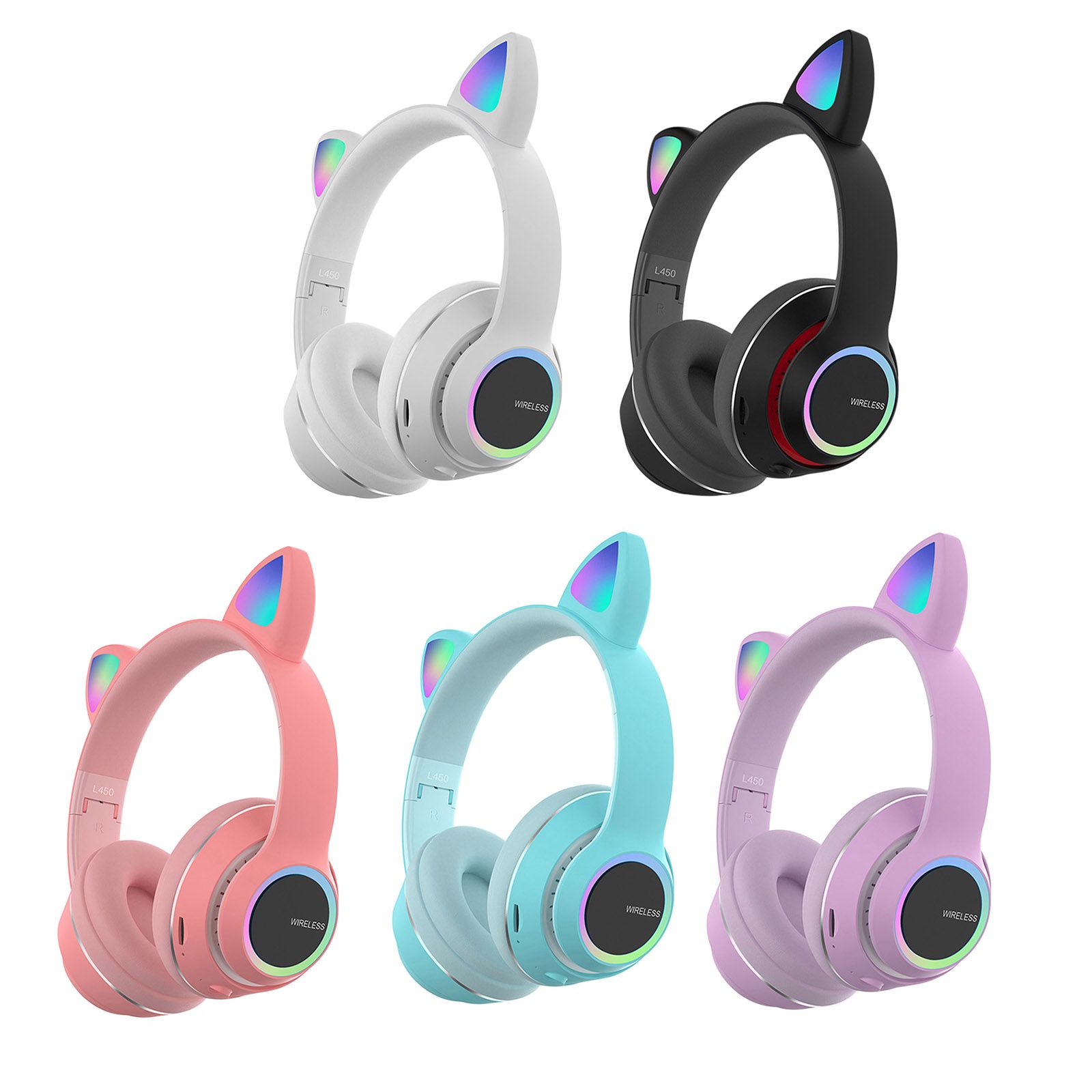 L450 Over Ear Music Headset Glowing Cat Ear Headphones 7 Color Breathing Lights Foldable Wireless BT5.0 Earphone with Mic AUX IN TF Card MP3 Player for PC Laptop Computer Mobile Phone