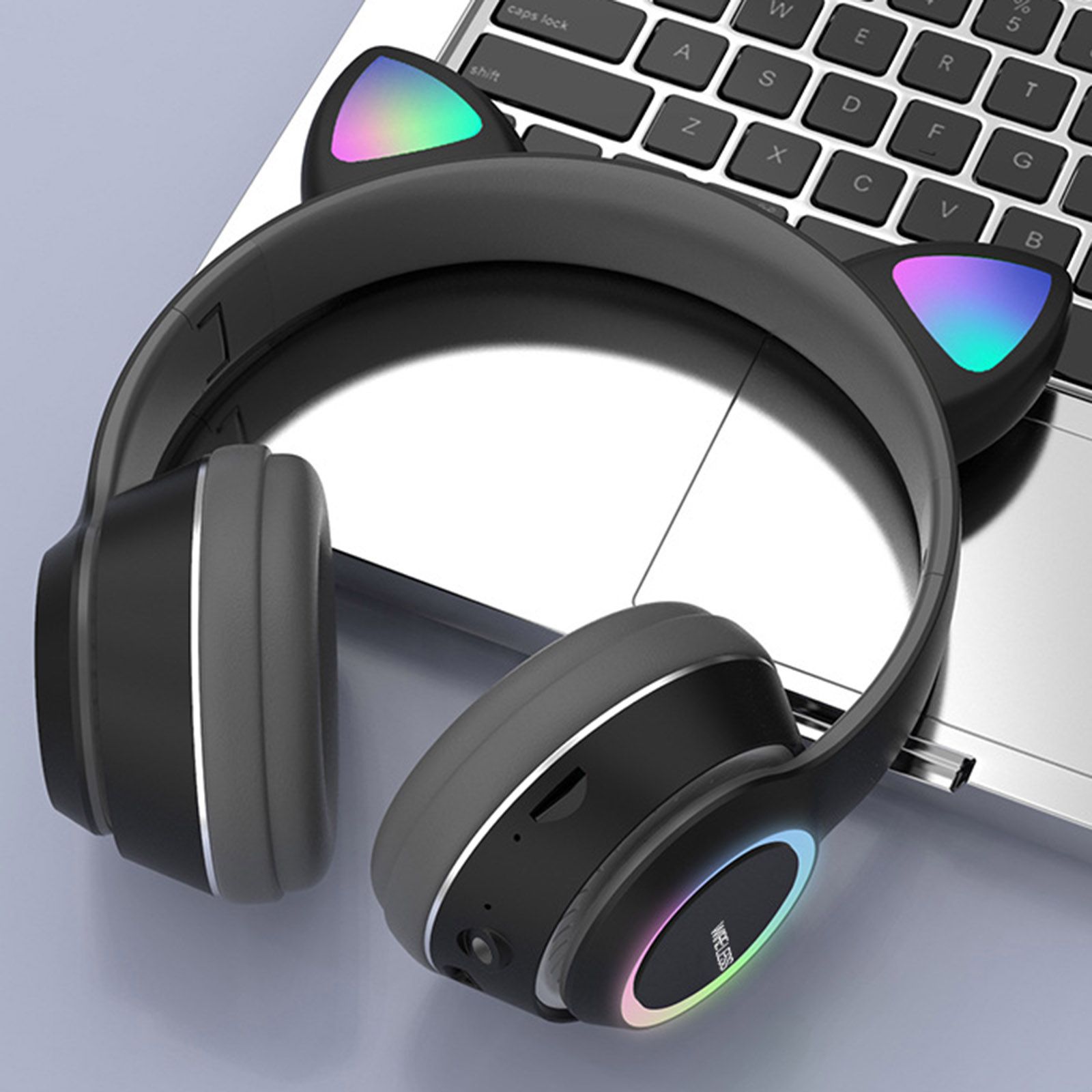 L450 Over Ear Music Headset Glowing Cat Ear Headphones 7 Color Breathing Lights Foldable Wireless BT5.0 Earphone with Mic AUX IN TF Card MP3 Player for PC Laptop Computer Mobile Phone