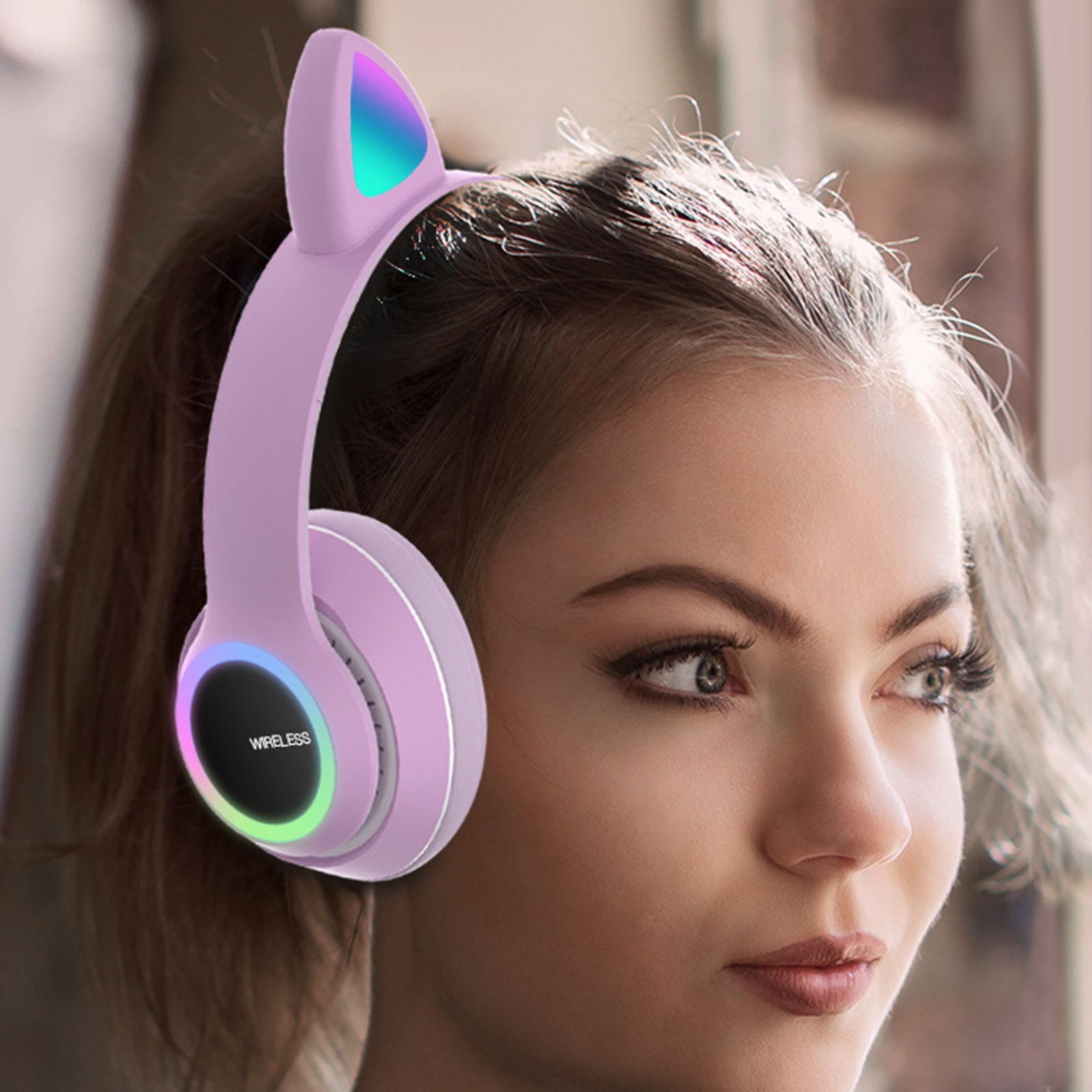 L450 Over Ear Music Headset Glowing Cat Ear Headphones 7 Color Breathing Lights Foldable Wireless BT5.0 Earphone with Mic AUX IN TF Card MP3 Player for PC Laptop Computer Mobile Phone