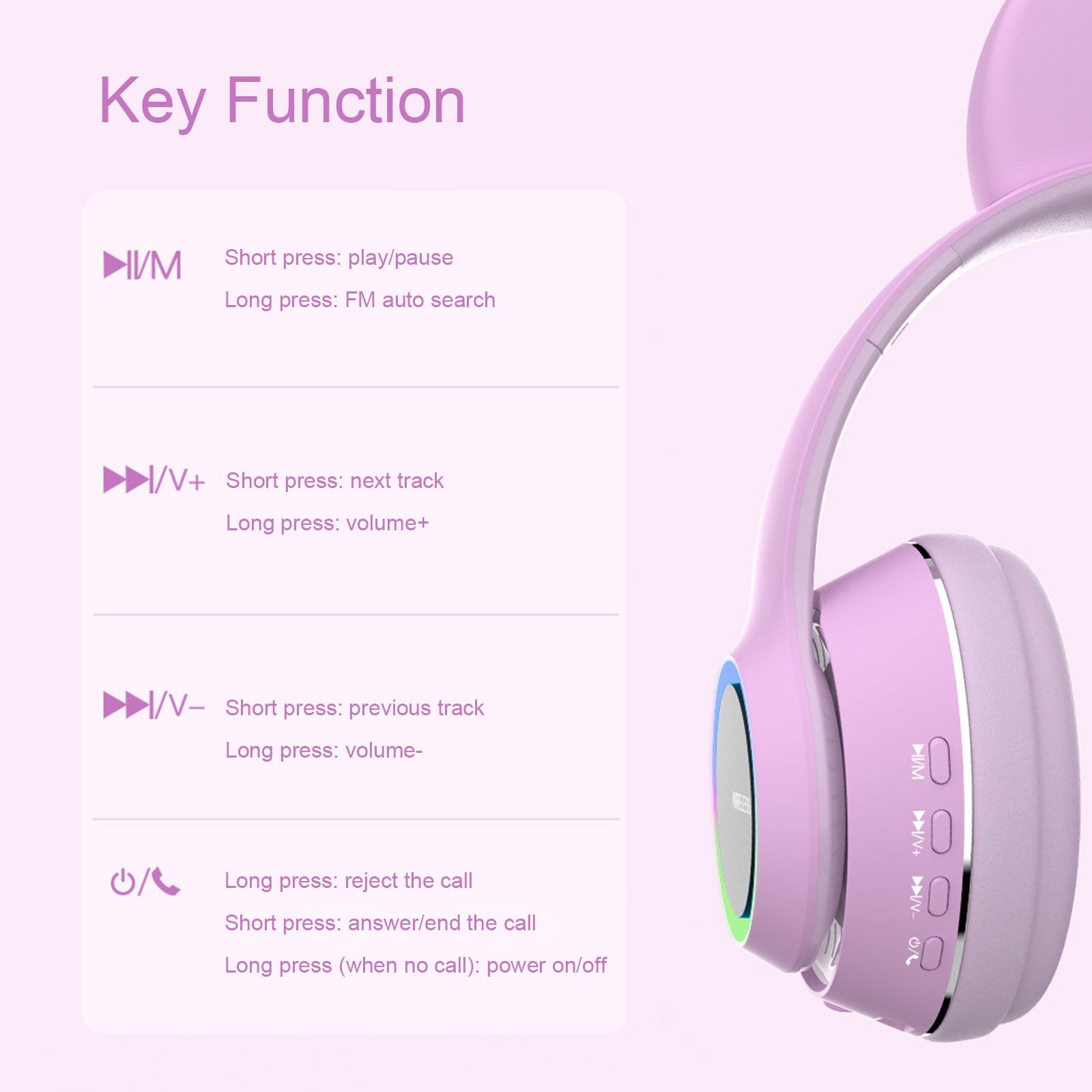 L450 Over Ear Music Headset Glowing Cat Ear Headphones 7 Color Breathing Lights Foldable Wireless BT5.0 Earphone with Mic AUX IN TF Card MP3 Player for PC Laptop Computer Mobile Phone