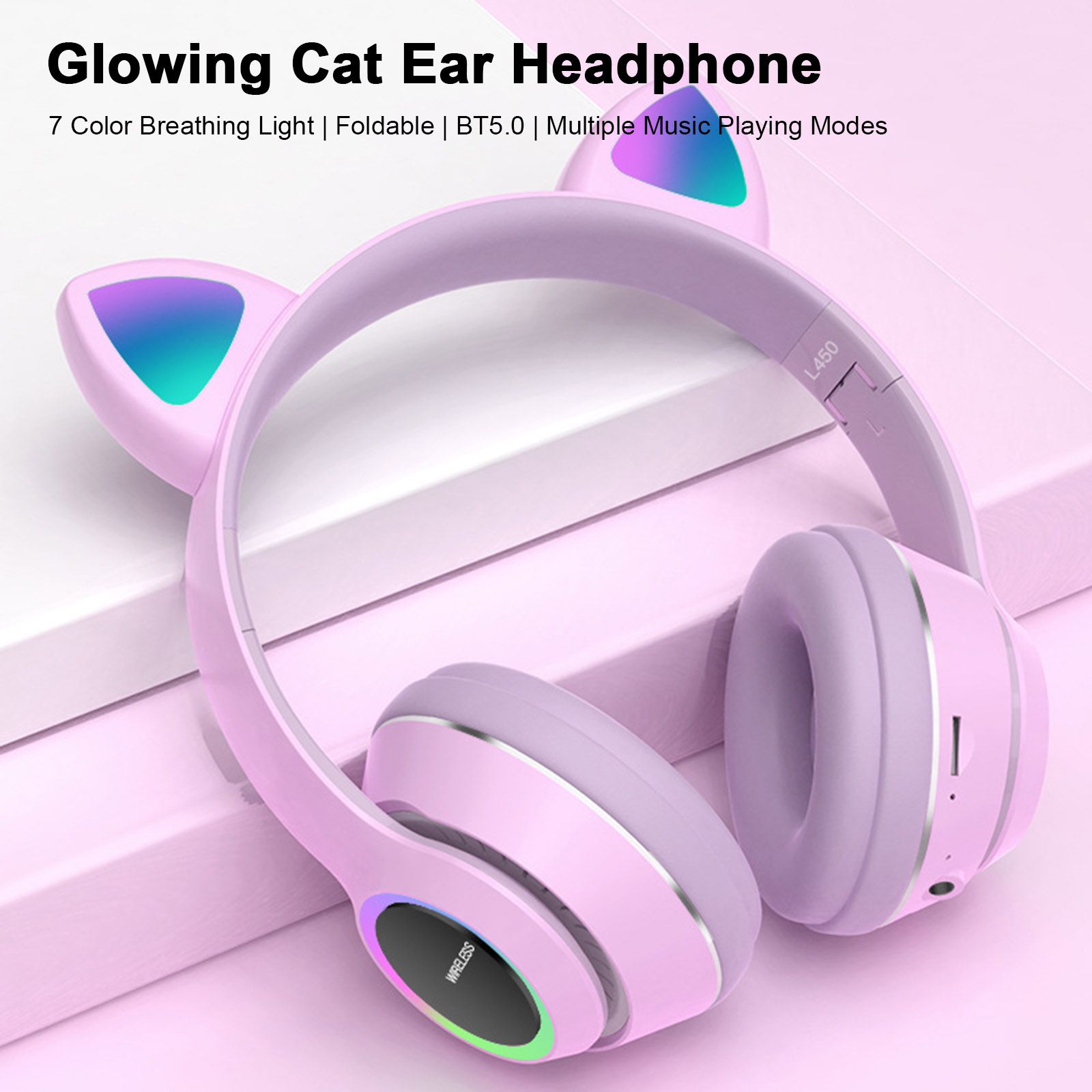 L450 Over Ear Music Headset Glowing Cat Ear Headphones 7 Color Breathing Lights Foldable Wireless BT5.0 Earphone with Mic AUX IN TF Card MP3 Player for PC Laptop Computer Mobile Phone