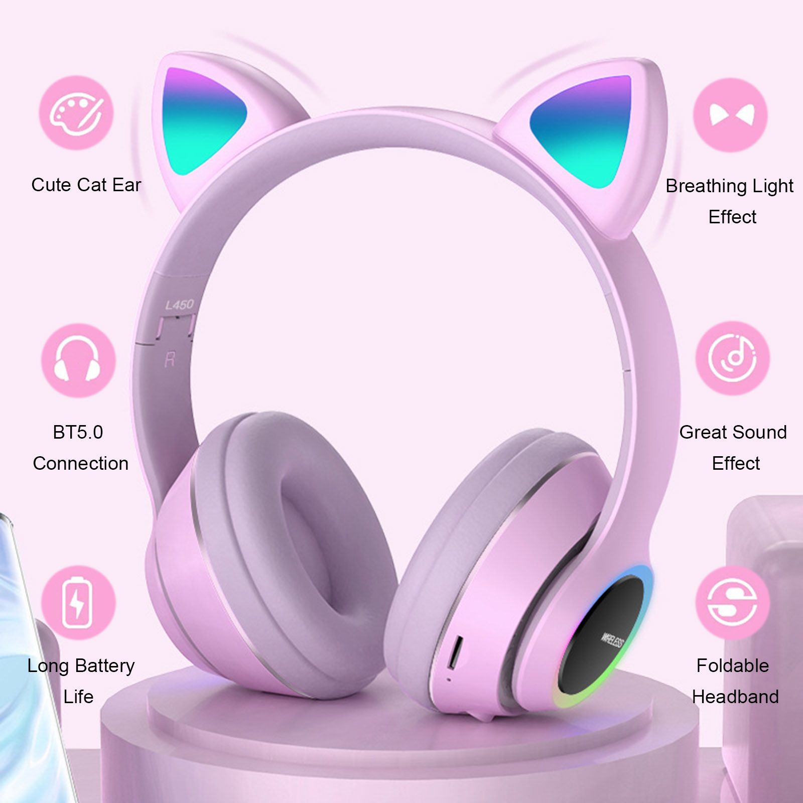 L450 Over Ear Music Headset Glowing Cat Ear Headphones 7 Color Breathing Lights Foldable Wireless BT5.0 Earphone with Mic AUX IN TF Card MP3 Player for PC Laptop Computer Mobile Phone