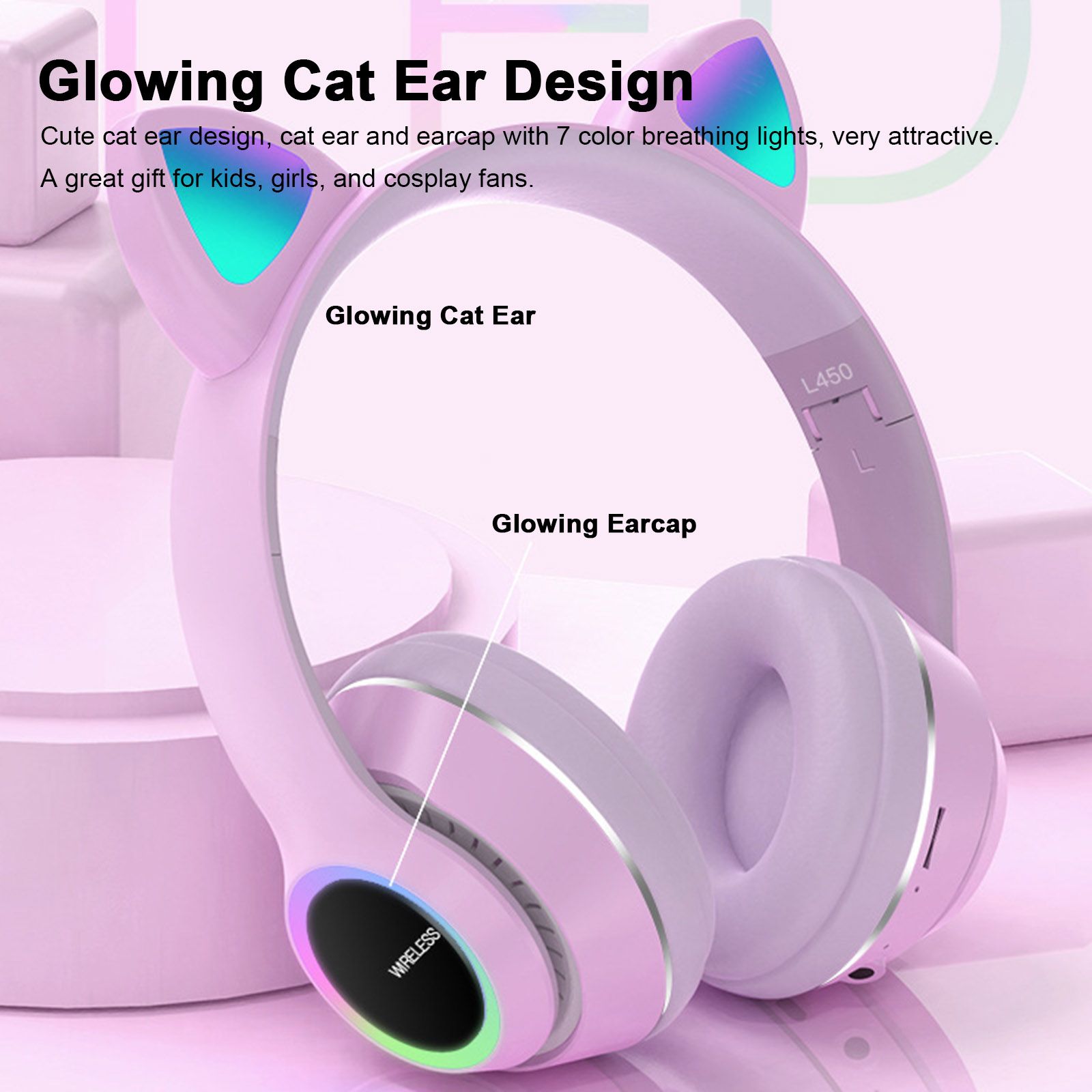 L450 Over Ear Music Headset Glowing Cat Ear Headphones 7 Color Breathing Lights Foldable Wireless BT5.0 Earphone with Mic AUX IN TF Card MP3 Player for PC Laptop Computer Mobile Phone