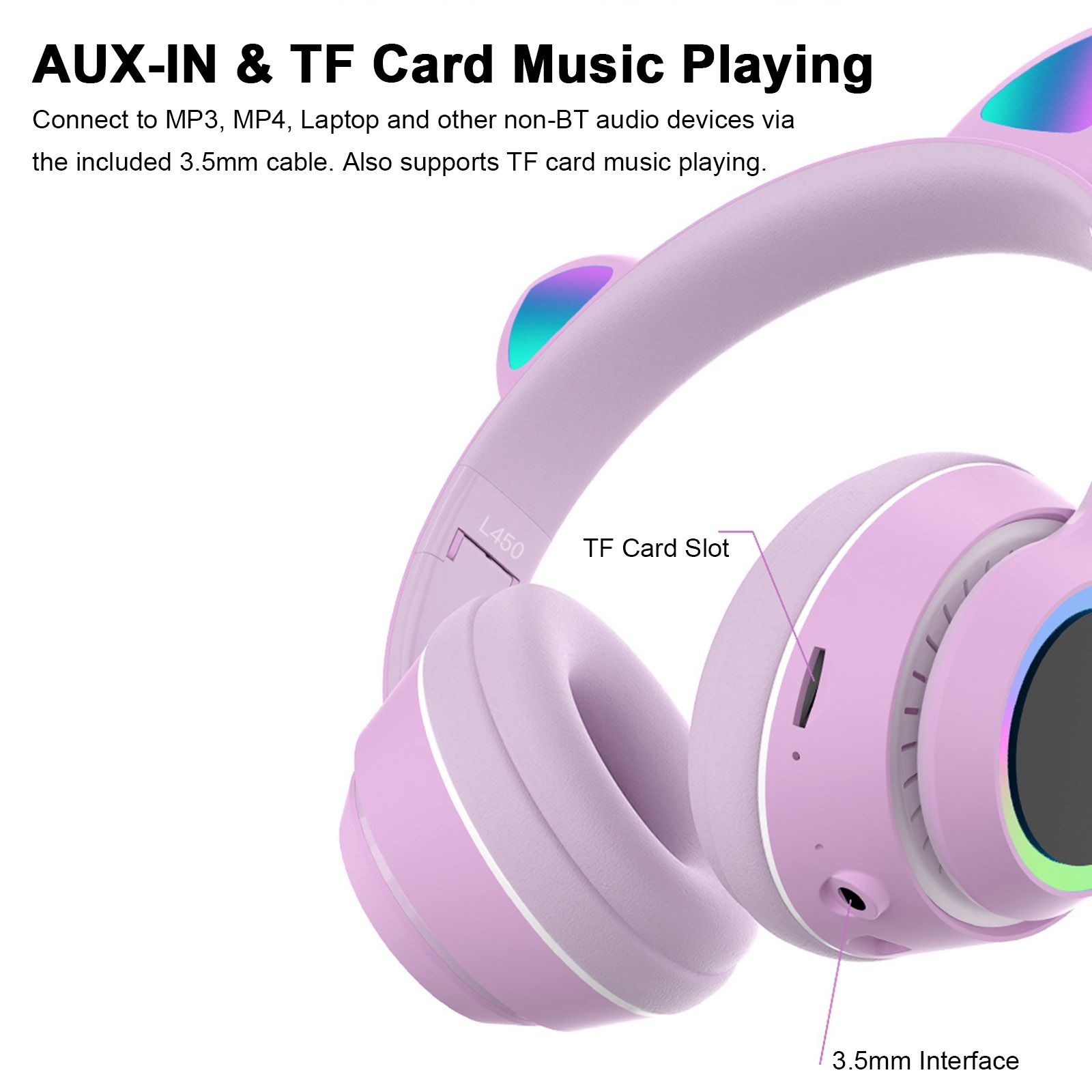 L450 Over Ear Music Headset Glowing Cat Ear Headphones 7 Color Breathing Lights Foldable Wireless BT5.0 Earphone with Mic AUX IN TF Card MP3 Player for PC Laptop Computer Mobile Phone