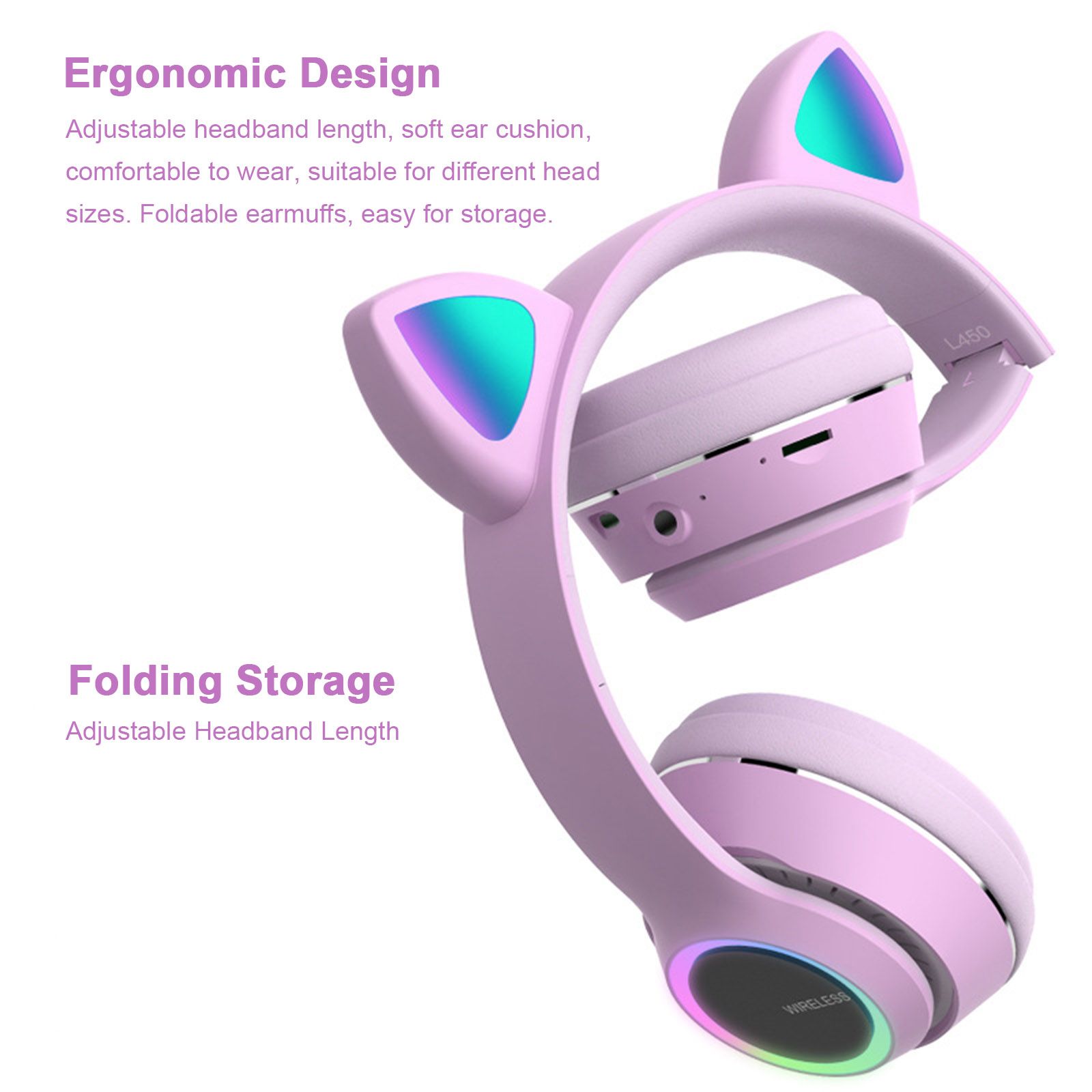 L450 Over Ear Music Headset Glowing Cat Ear Headphones 7 Color Breathing Lights Foldable Wireless BT5.0 Earphone with Mic AUX IN TF Card MP3 Player for PC Laptop Computer Mobile Phone