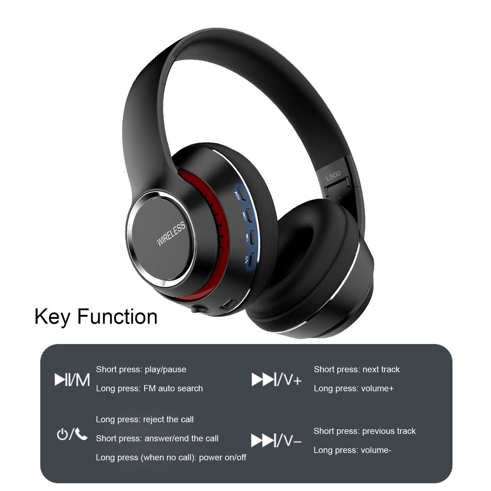 L500 Wireless BT 5.0 Headphones Foldable Over Ear Headset Sports Music Earphone 3.5mm AUX IN TF Card MP3 Player with Microphone