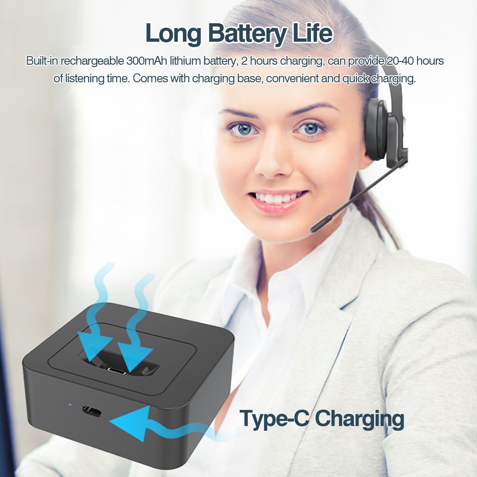 2.4GHz Wireless Headphones Call Center Earphone On Ear Headset with ENC Noise Reduction Microphone Adjustable Headband Volume Control with Charging Dock