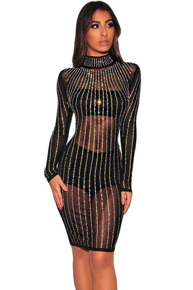 Black Iridescent Rhinestone Mock Neck Long Sleeves Dress