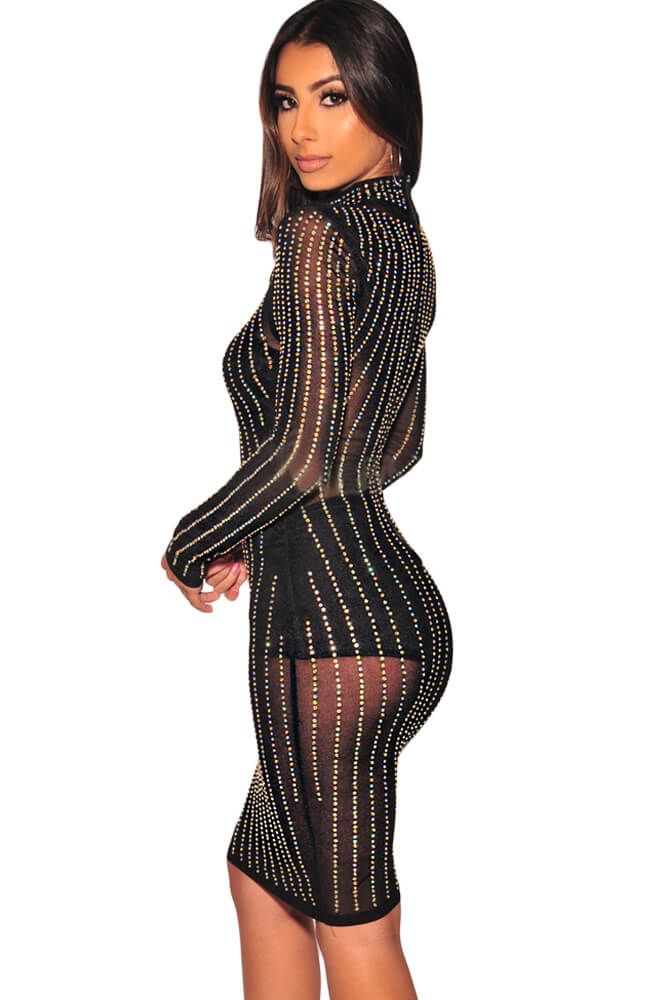 Black Iridescent Rhinestone Mock Neck Long Sleeves Dress