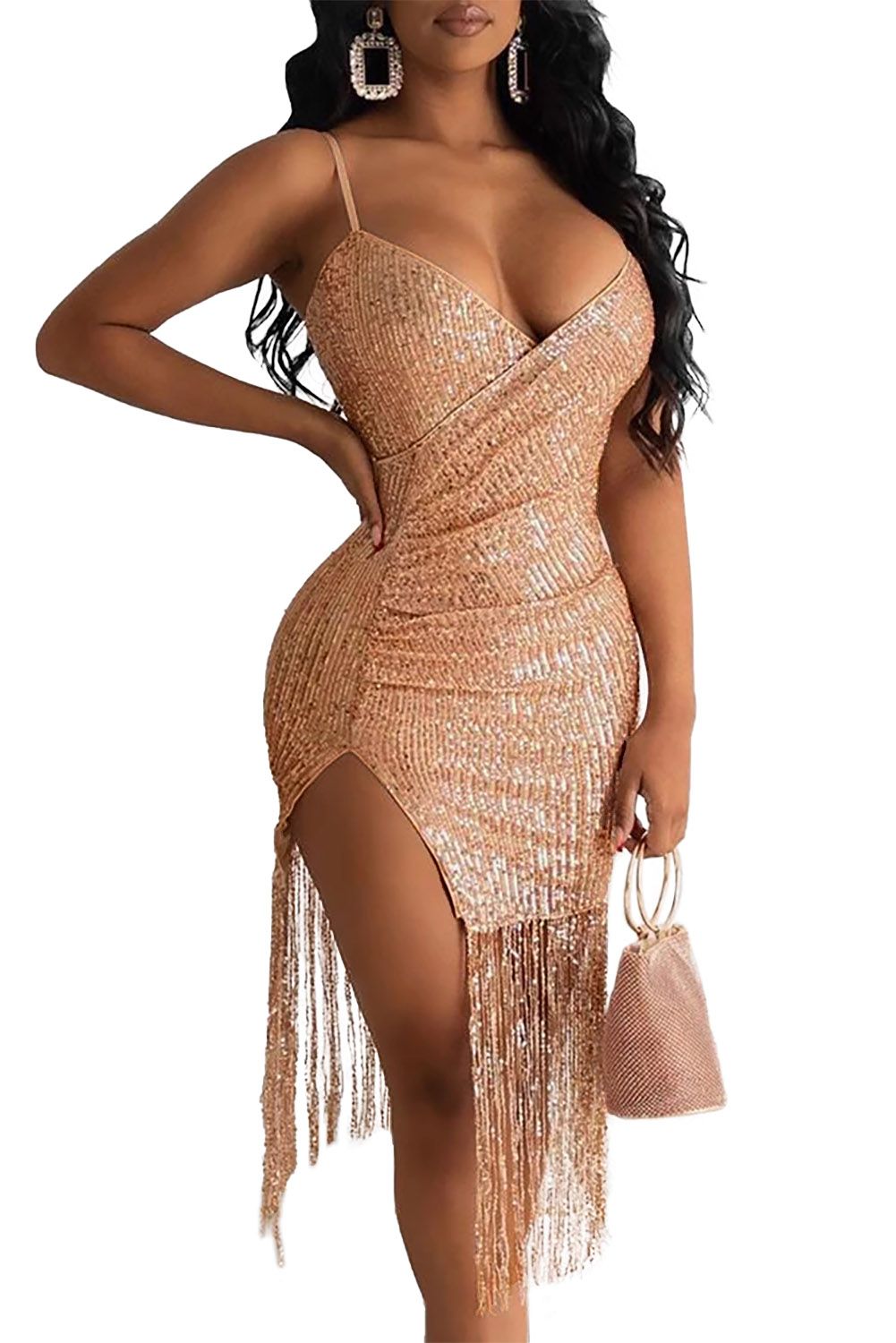 Rose Gold Sequins Ruched Slit Fringe Dress
