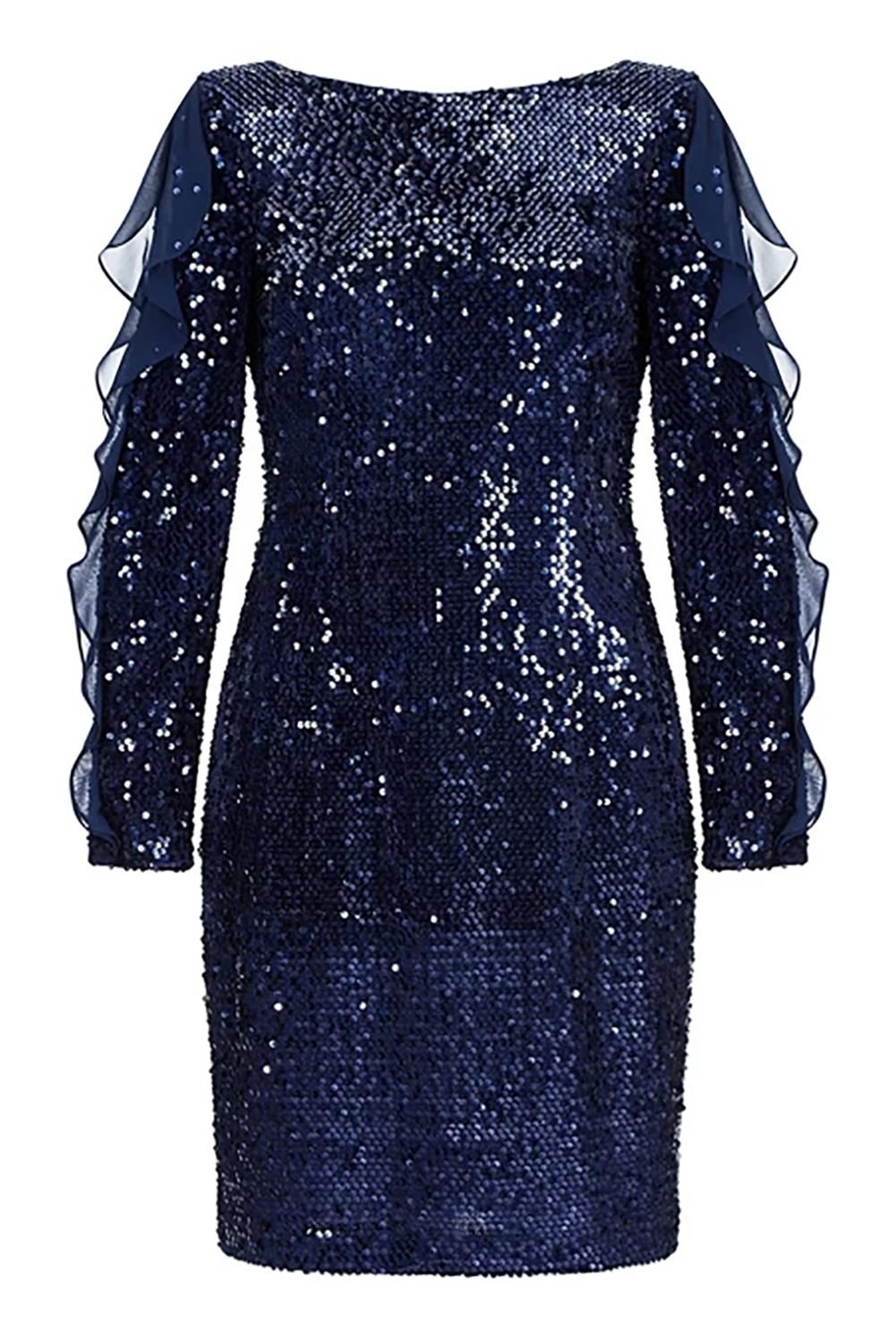 Sequin Frilled Long Sleeve Knee Length Dress