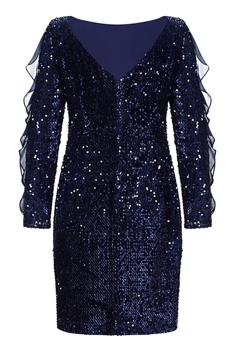 Sequin Frilled Long Sleeve Knee Length Dress