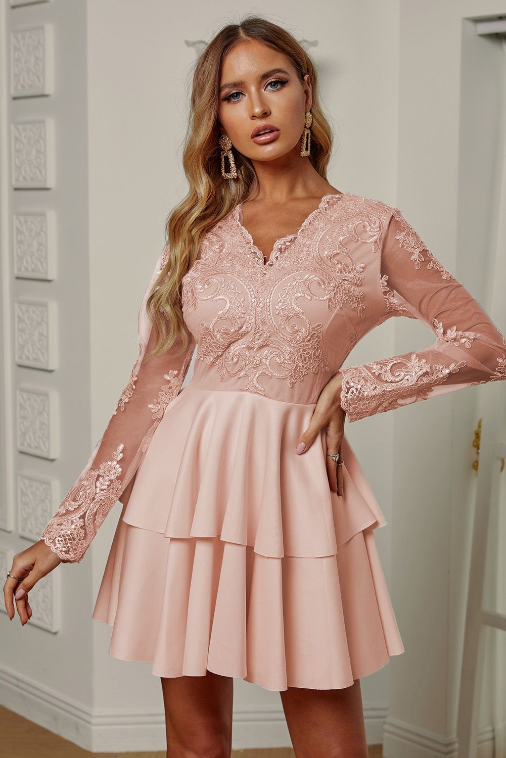 Apricot Sequin Embroidered Multilayer Skater Dress