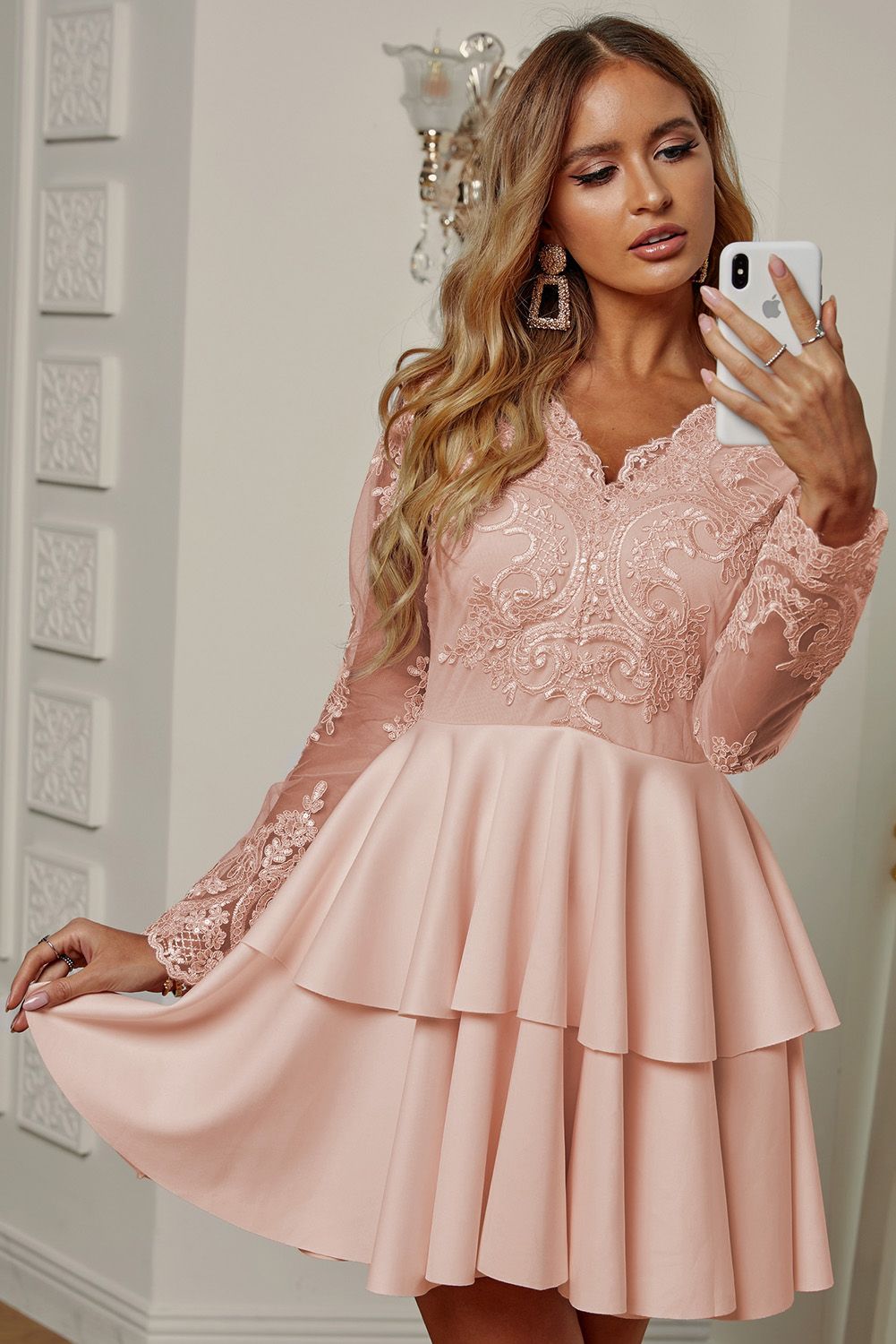 Apricot Sequin Embroidered Multilayer Skater Dress